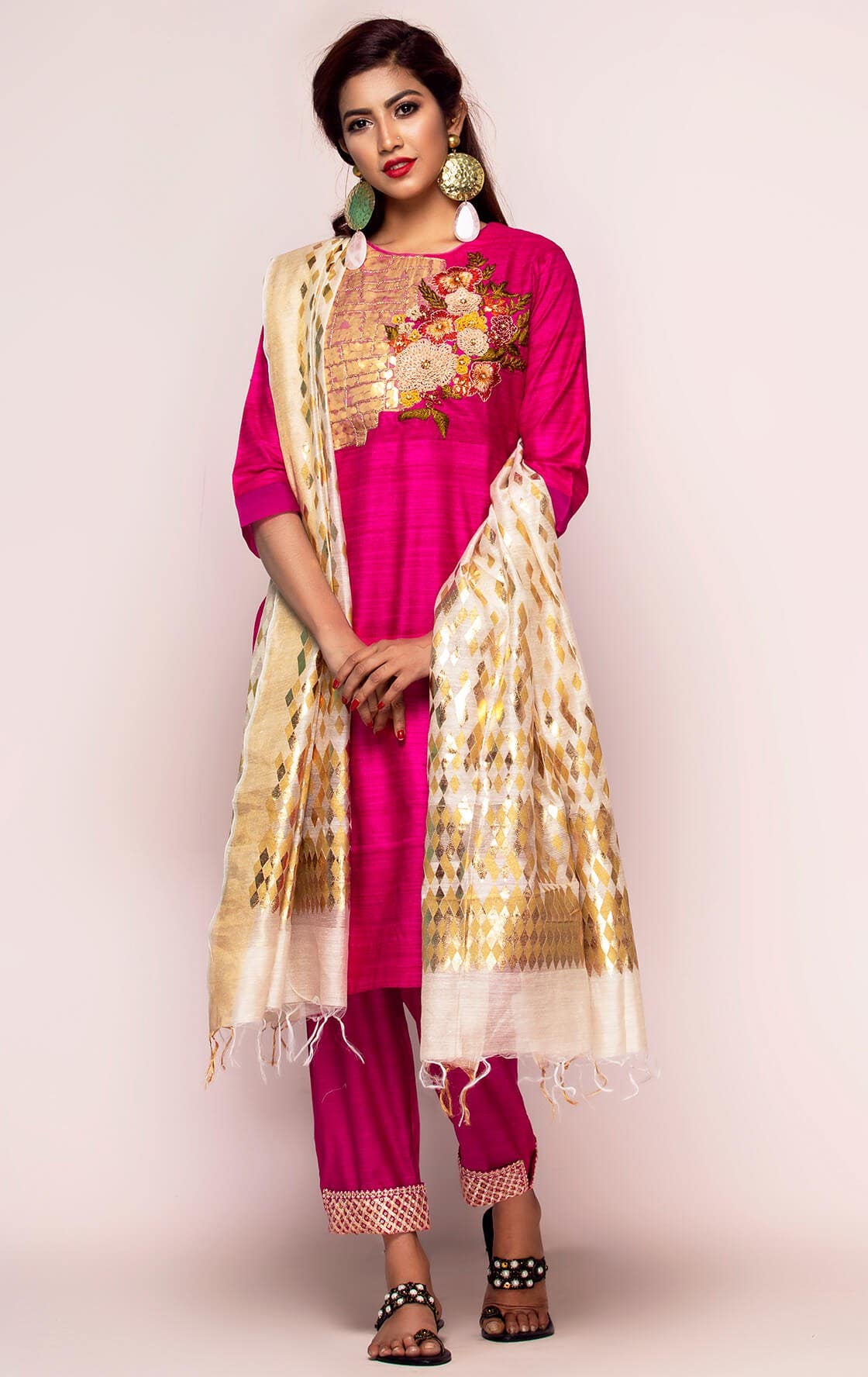 Fuchsia Printed and Embroidered Tussar Silk Shalwar Kameez Set