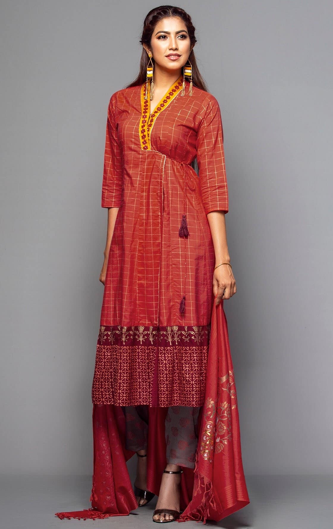 Red Printed and Embroidered Viscose-Cotton Shalwar kameez Set