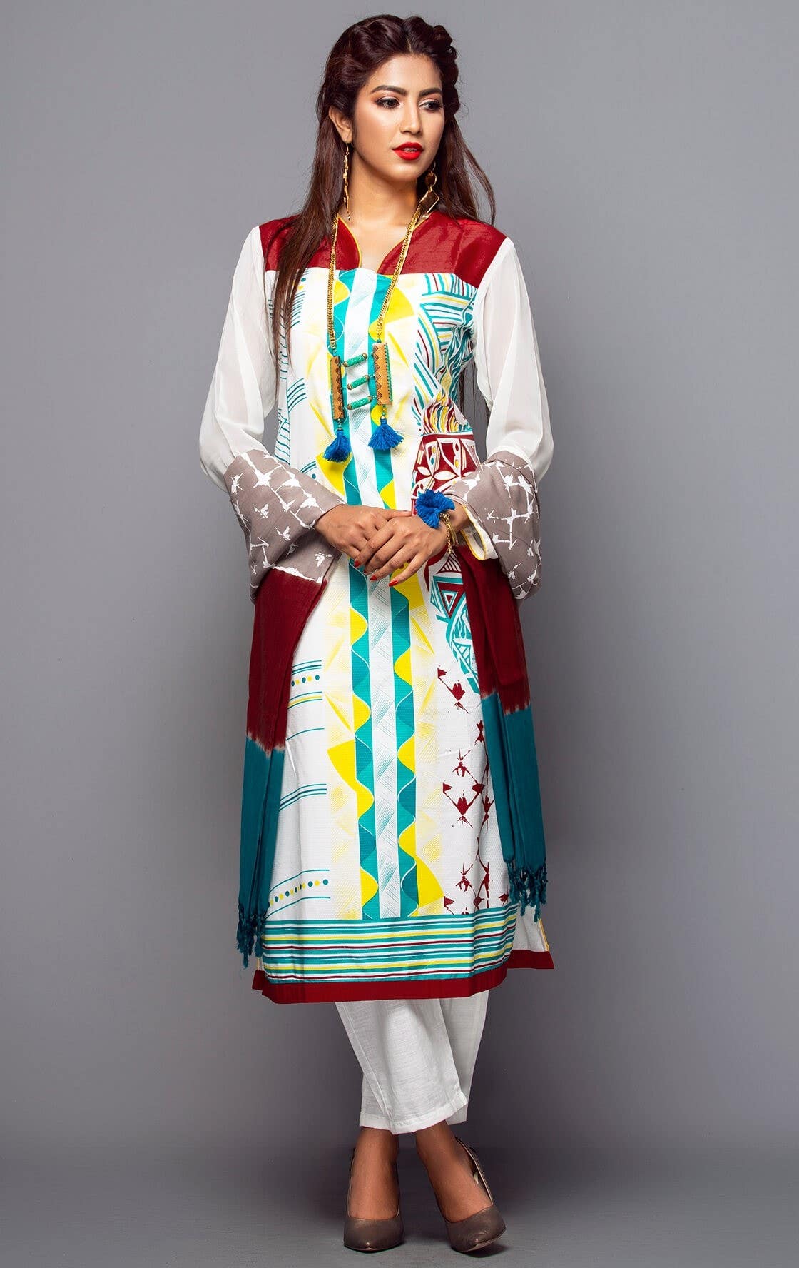 White Tie-Dyed and Printed Viscose-Cotton Shalwar Kameez Set
