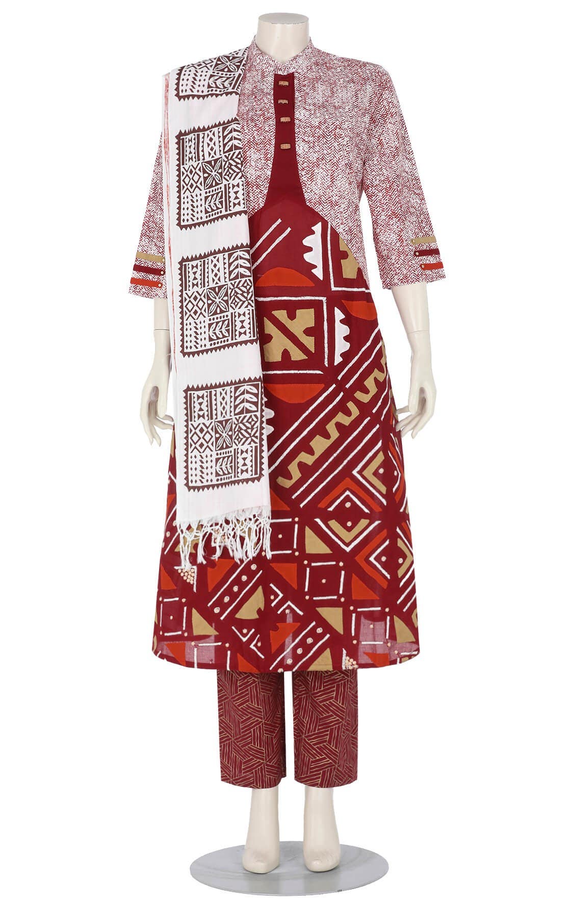 Maroon Printed and Appliquéd Viscose-Cotton Shalwar Kameez Set