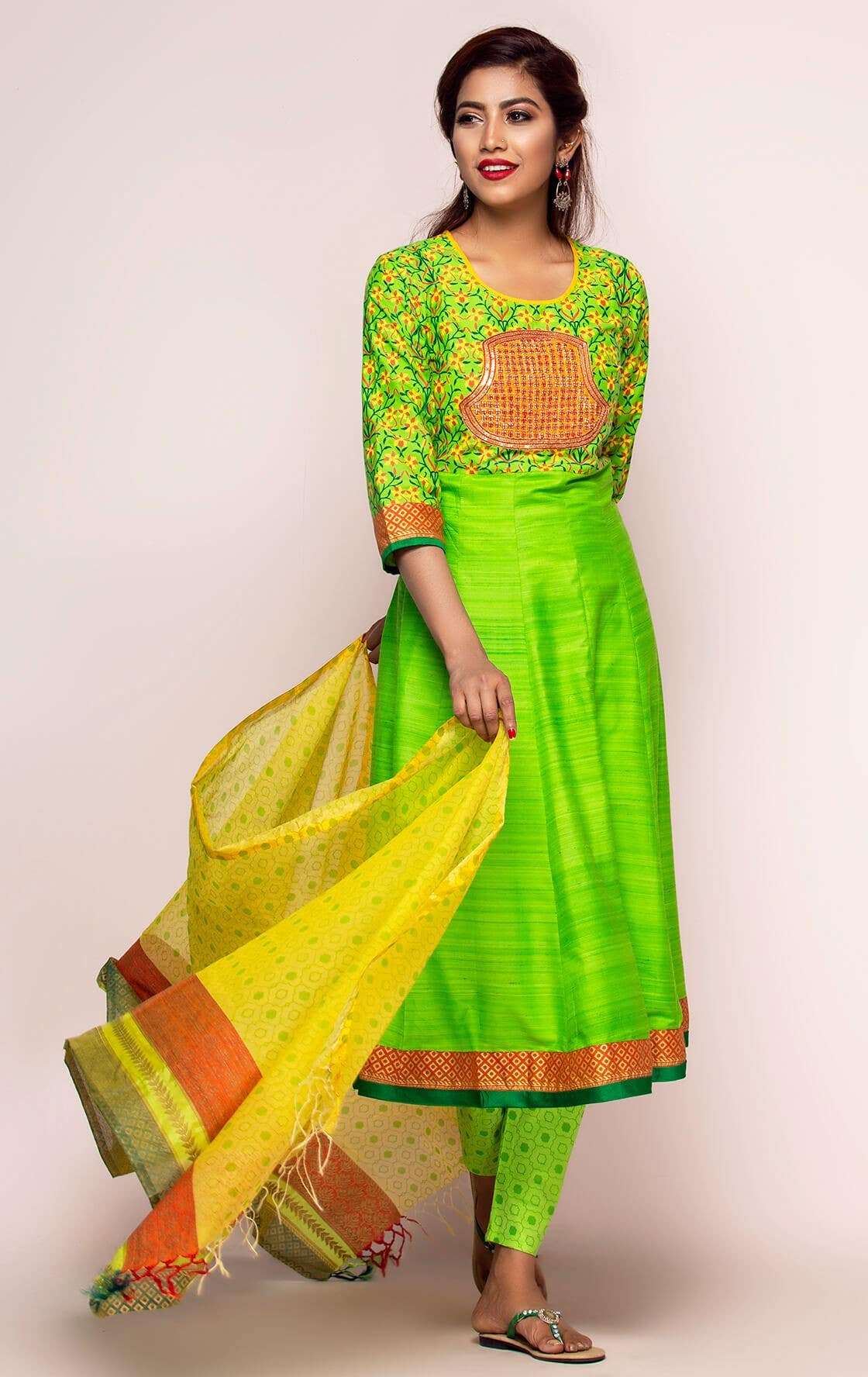 Lime Green Printed and Erri Embroidered Endi Silk Shalwar Kameez Set