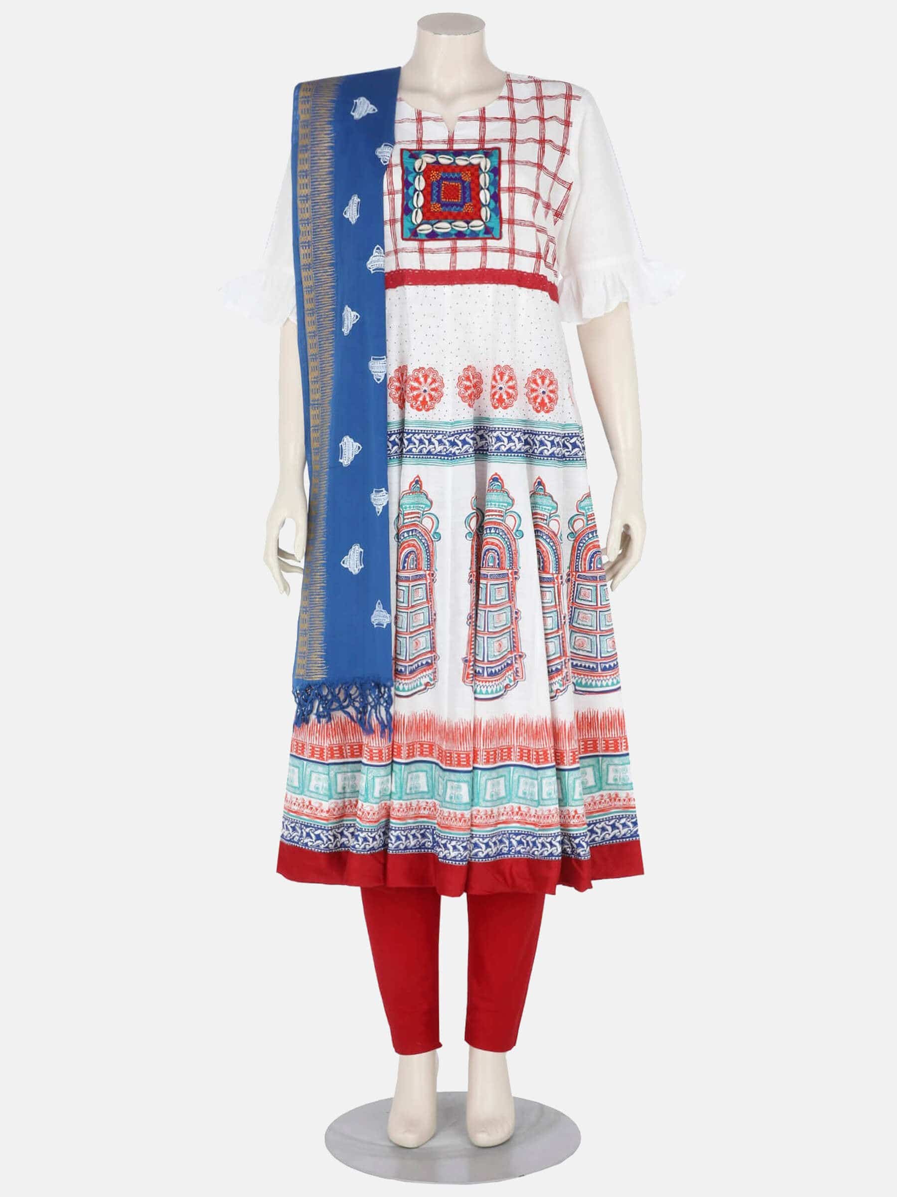 White Printed and Embroidered Viscose-Cotton Shalwar Kameez Set
