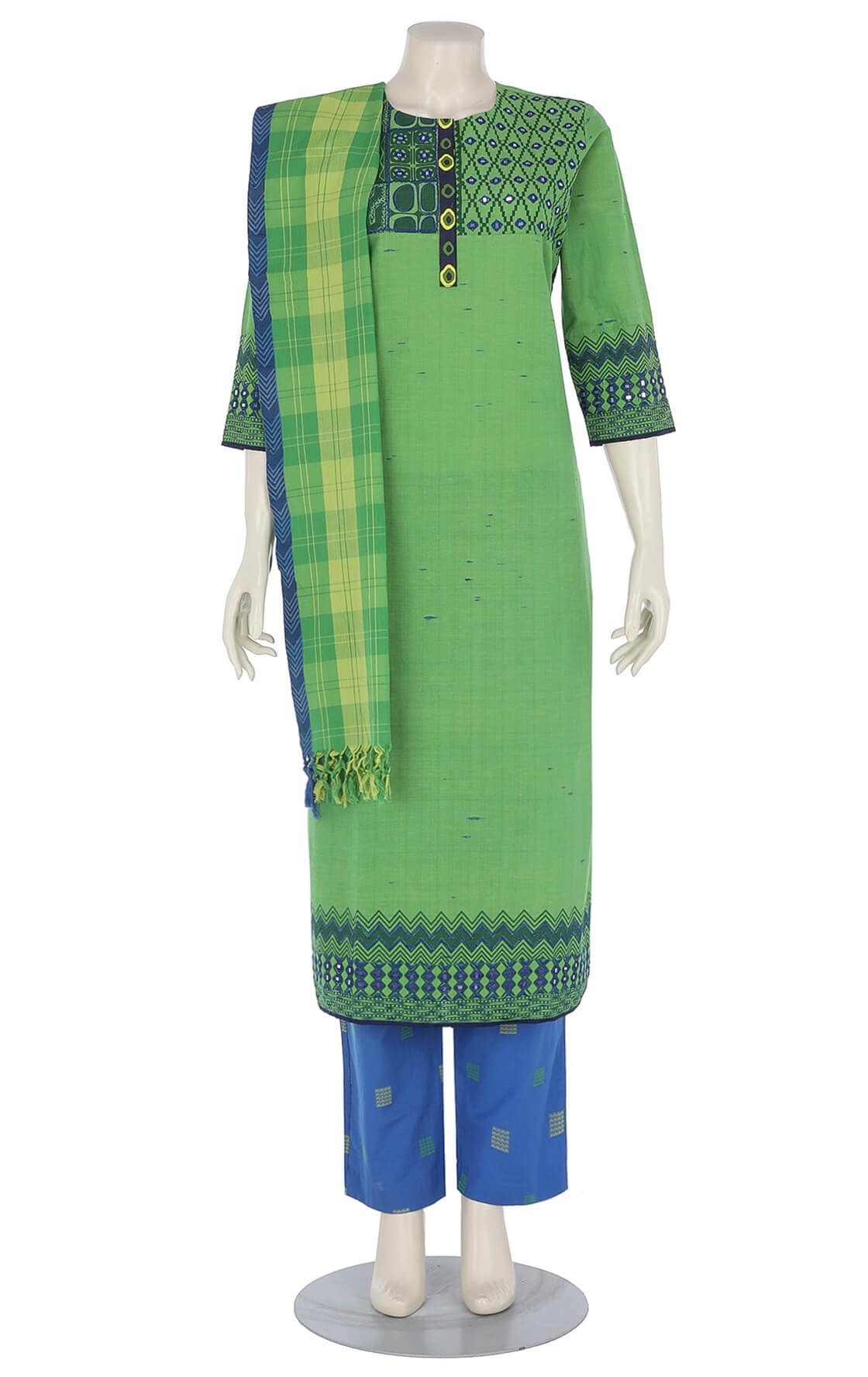 Green Printed and Embroidered Hand Loomed Cotton Shalwar Kameez Set