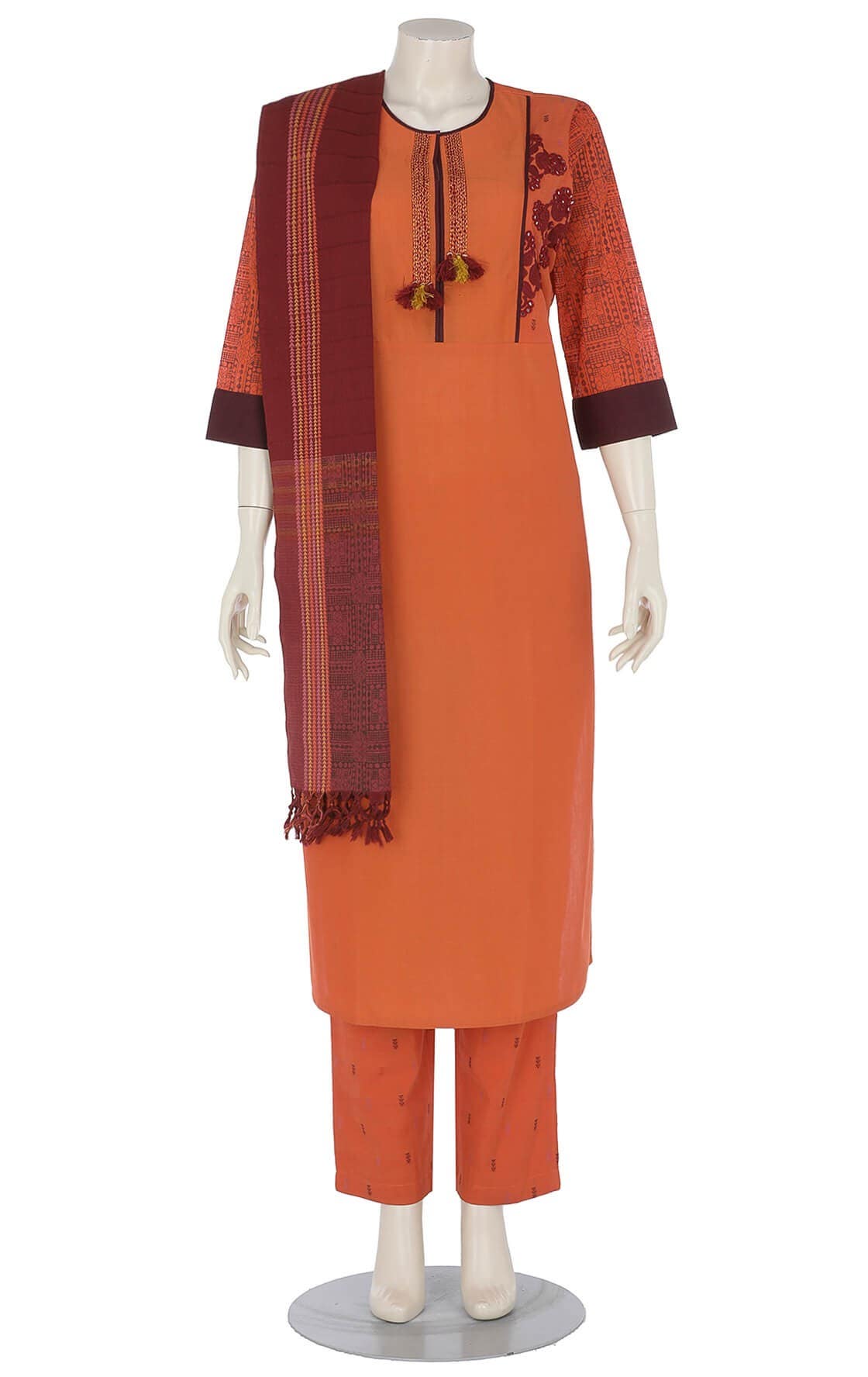 Orange Printed and Embroidered Hand Loomed Cotton Shalwar Kameez Set