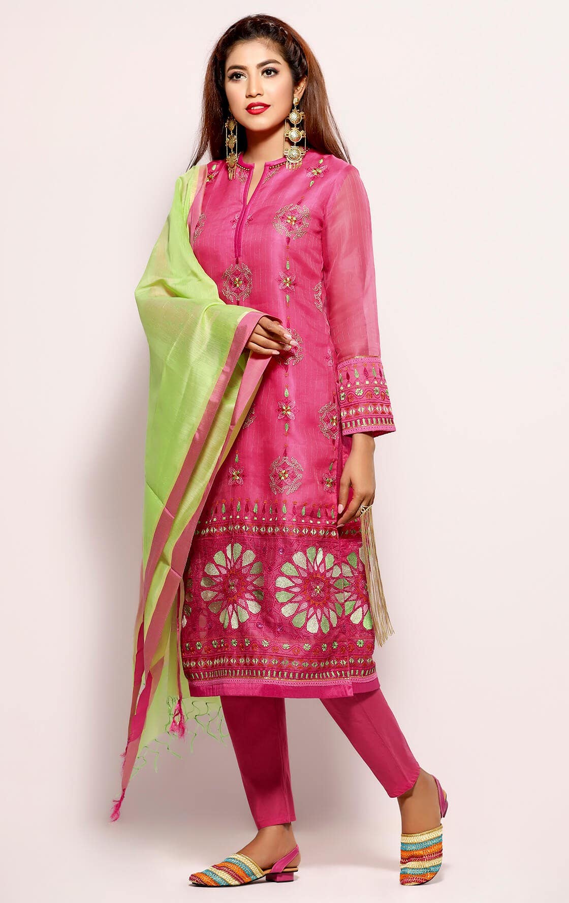 Pink Printed and Embroidered Muslin Shalwar Kameez Set