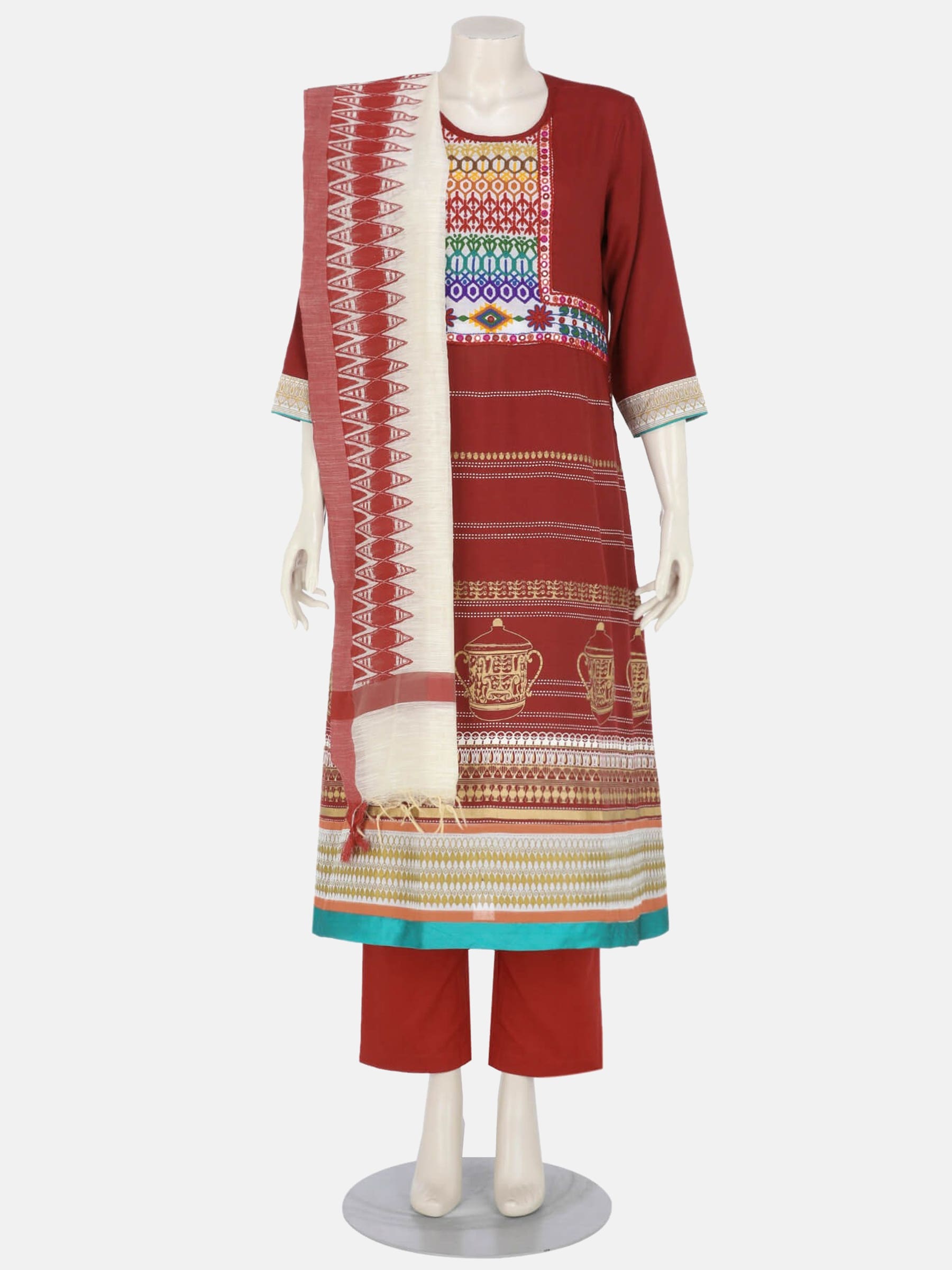 Red Printed and Embroidered Viscose Shalwar Kameez Set