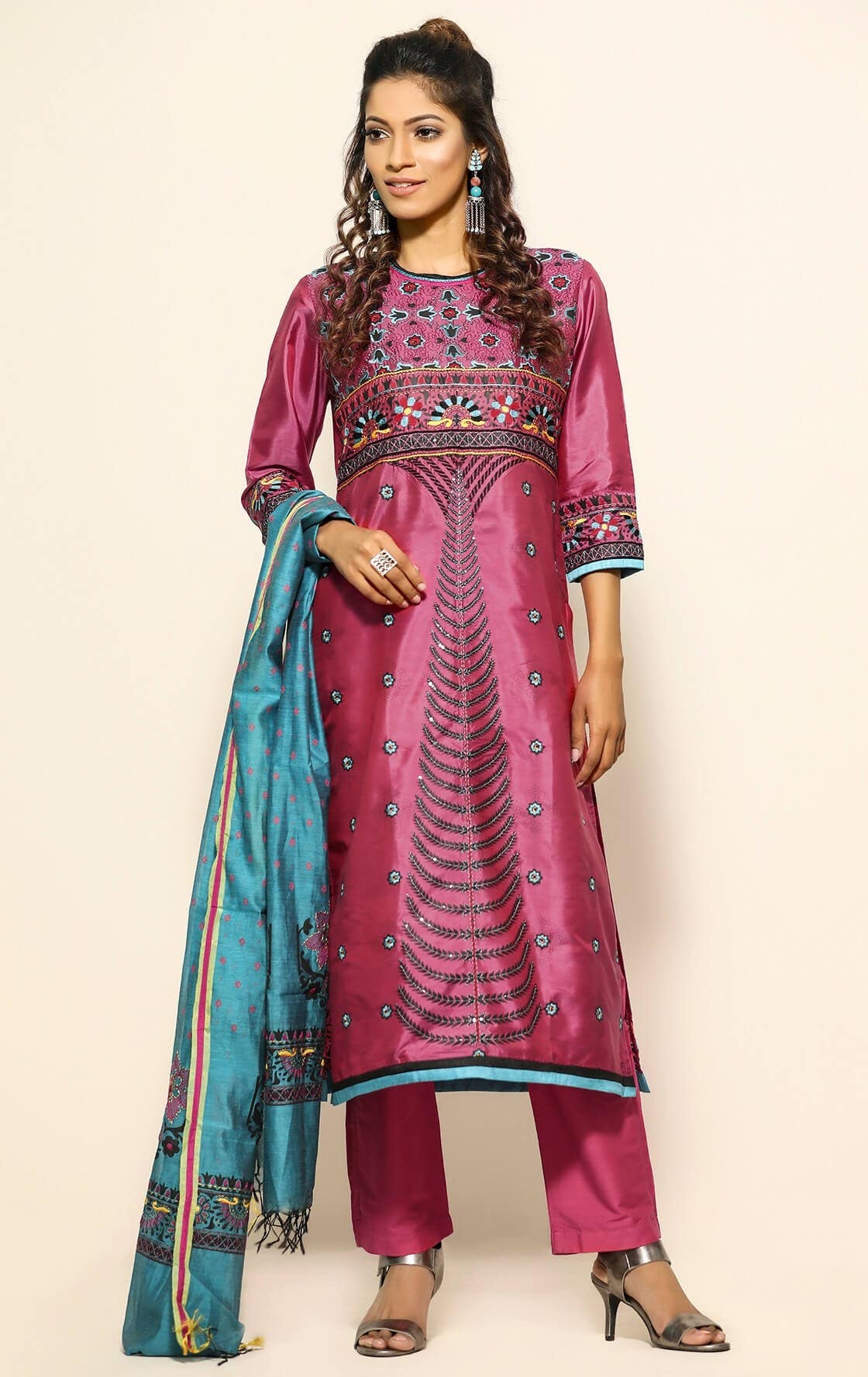Maroon Printed and Embroidered Silk Shalwar Kameez Set