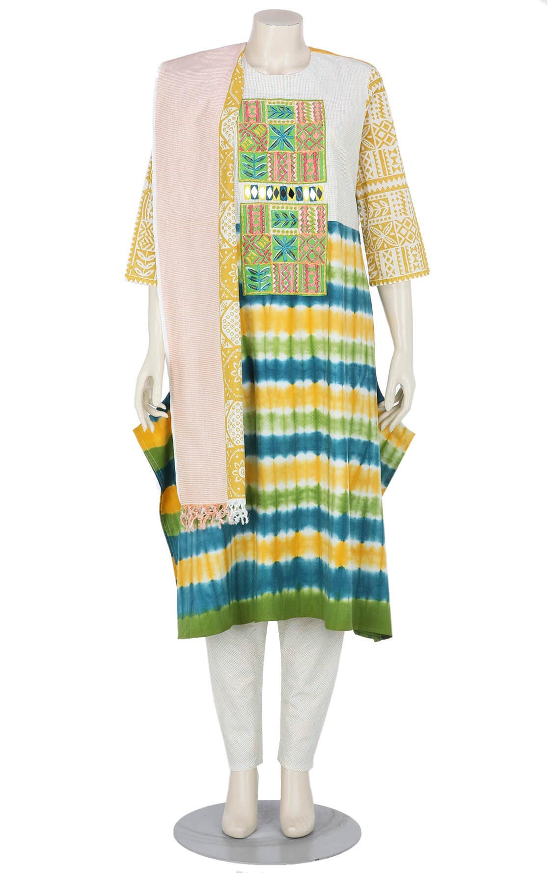 White Tie-Dyed and Embroidered Cotton Shalwar Kameez Set