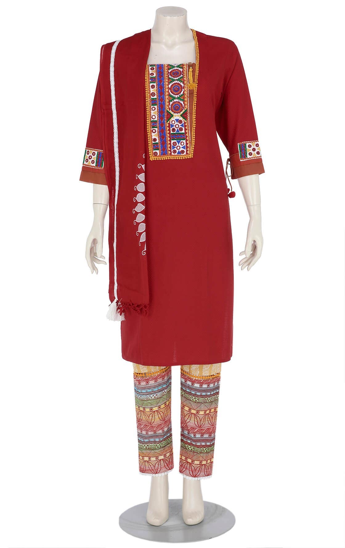 Red Brush Painted and Embroidered Cotton Shalwar Kameez Set