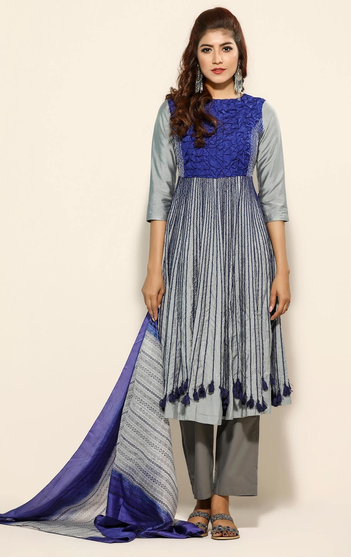 Grey Printed and Embroidered Joysree Silk Shalwar Kameez Set