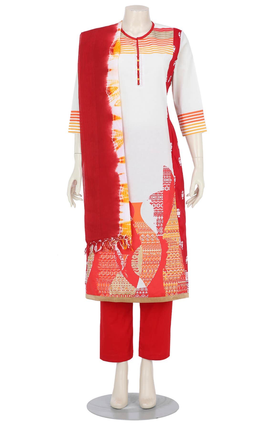 White Dyed and Printed Cotton Shalwar Kameez Set