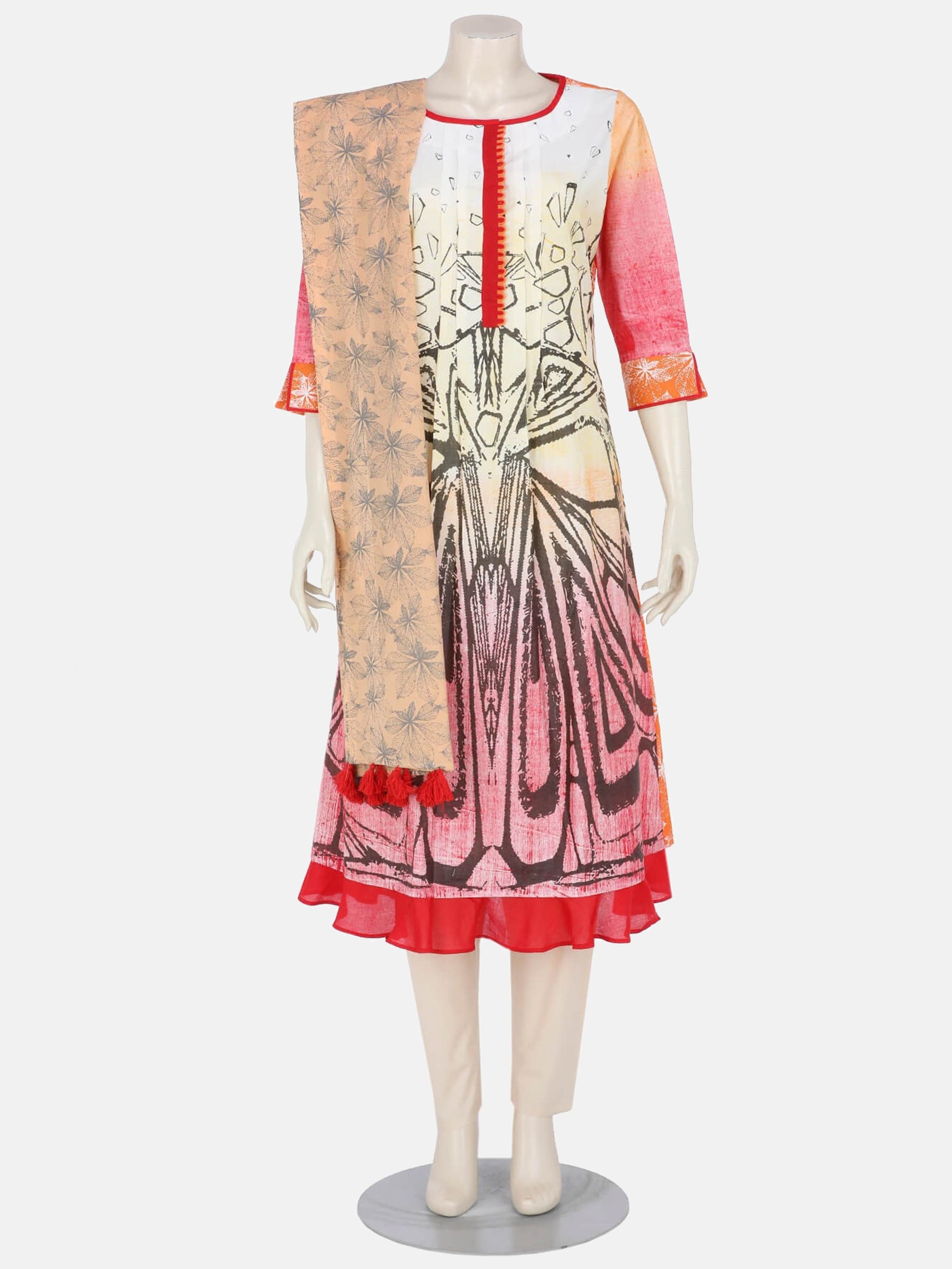 White Printed and Brush Painted Cotton Shalwar Kameez Set