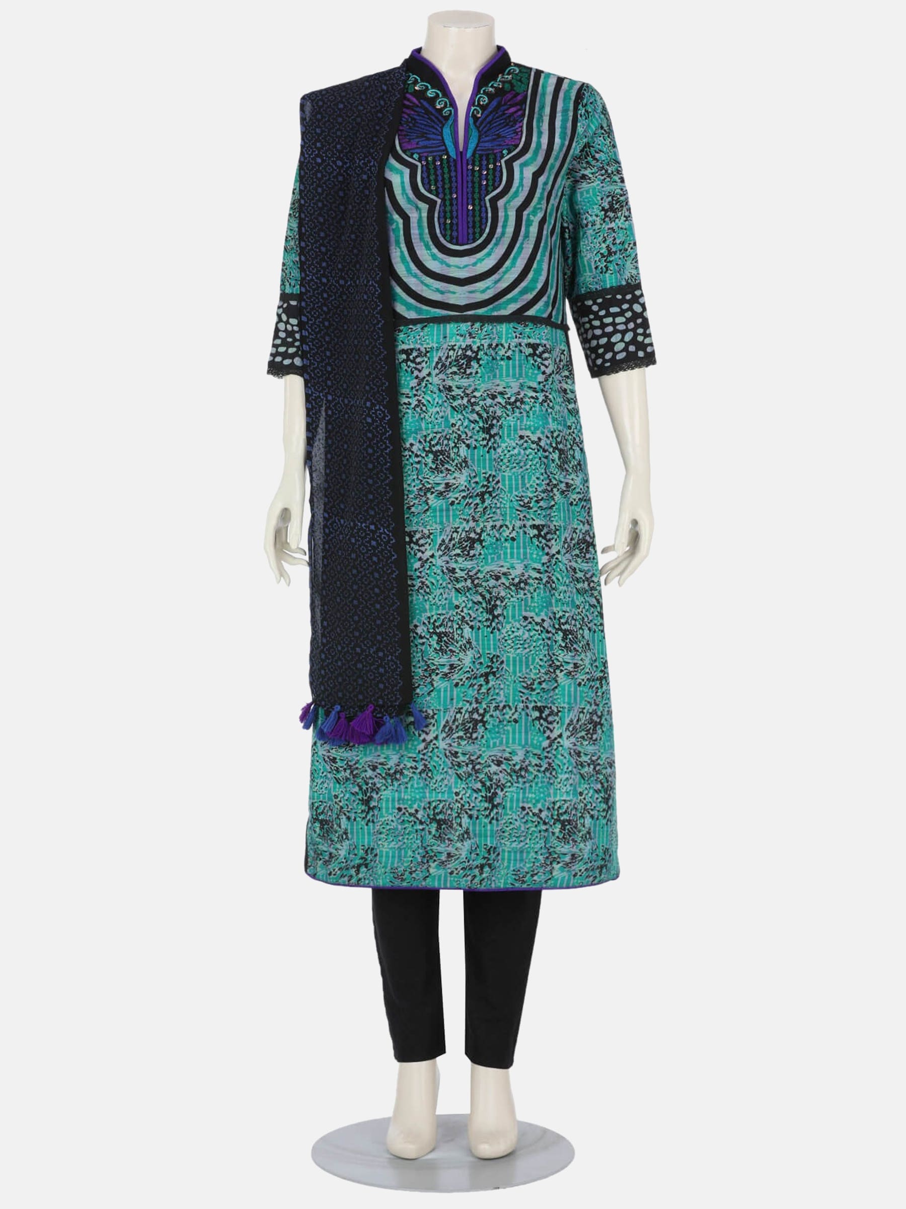 Multicolour Printed and Erri Embroidered Endi Silk Shalwar Kameez Set
