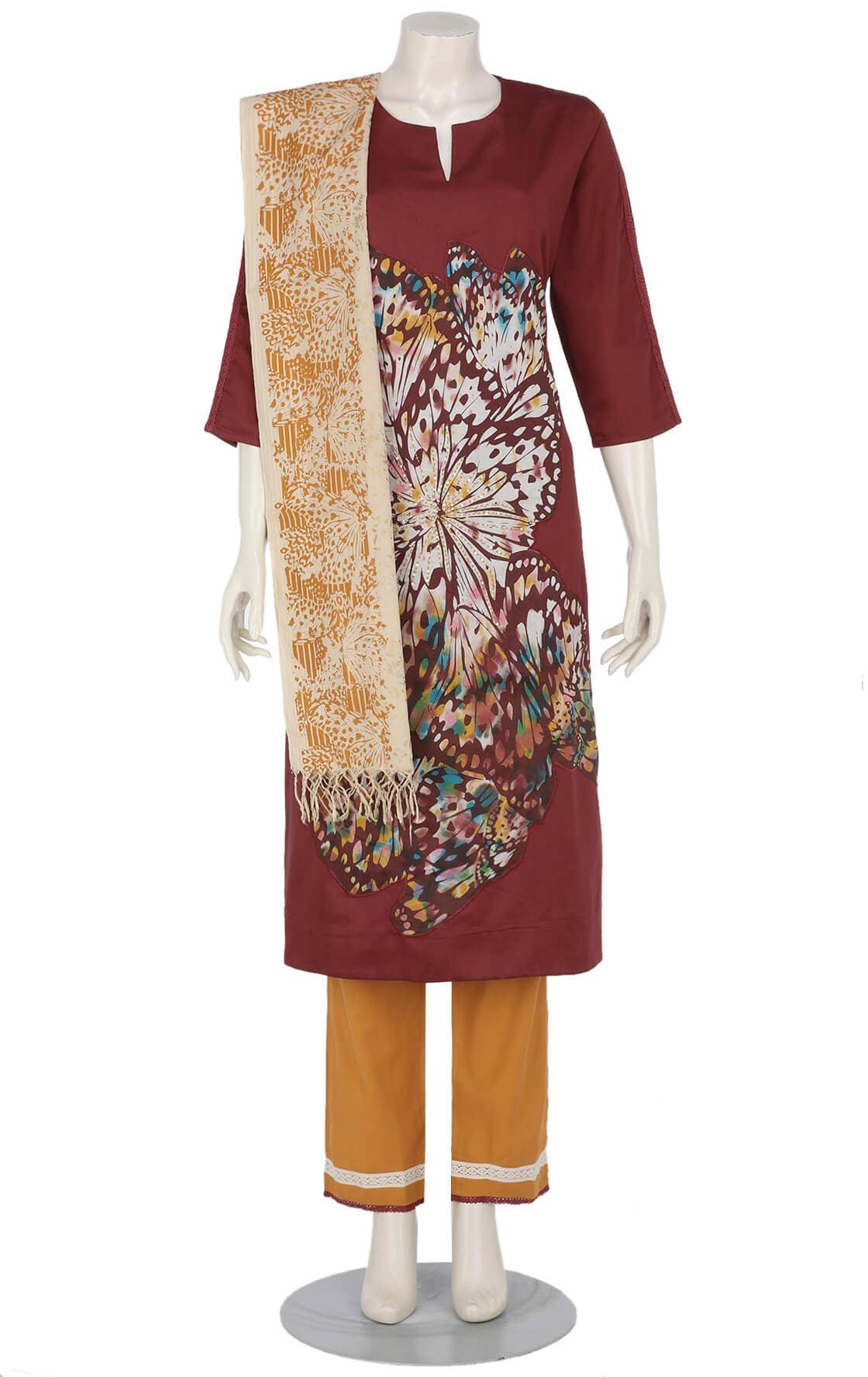 Maroon Printed and Sand Splash Dyed Viscose-Cotton Shalwar Kameez Set