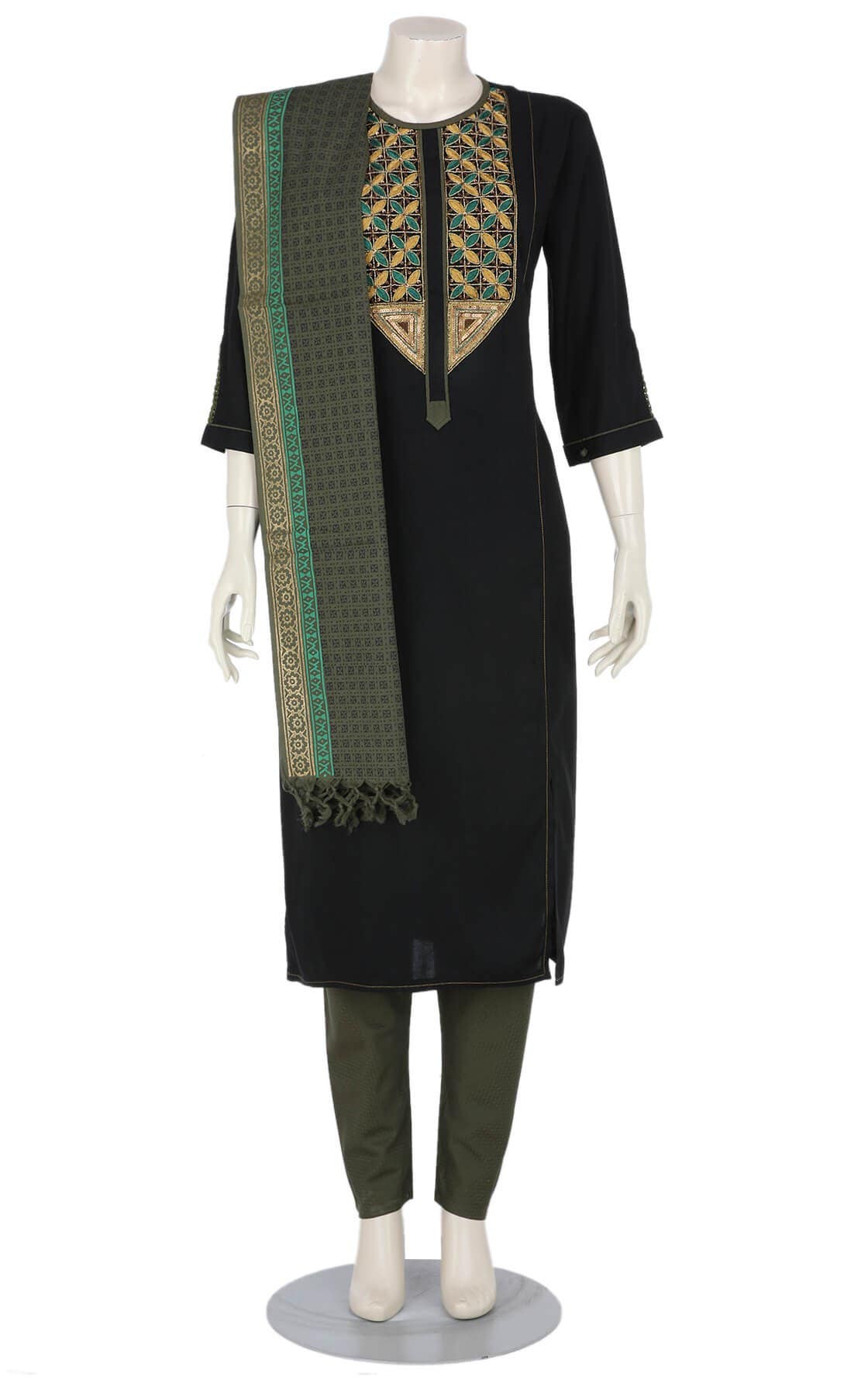 Black Printed and Erri Embroidered Viscose Shalwar Kameez Set