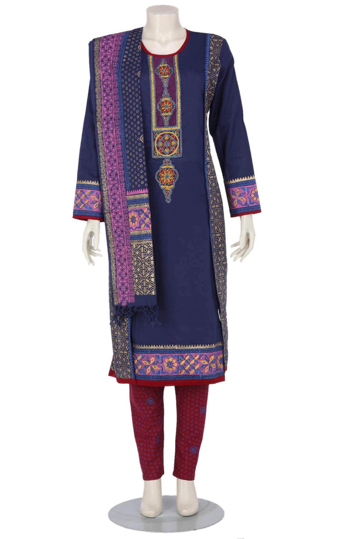 Deep Blue Printed and Erri Embroidered Cotton Shalwar Kameez Set