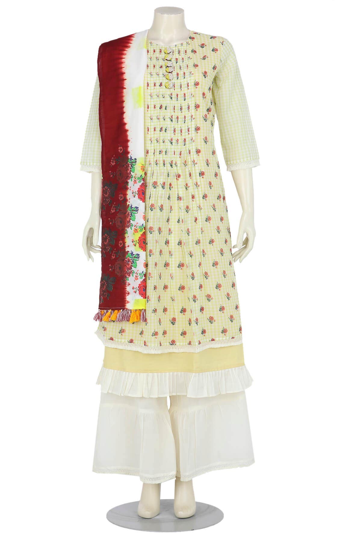 Pastel Yellow Printed And Tie-Dyed Pabna Cotton Shalwar Kameez Set