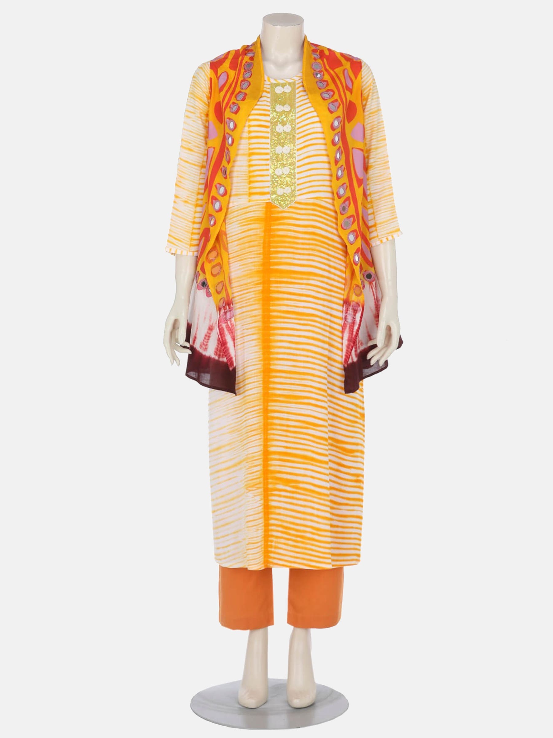 White Tie-Dyed and Printed Linen Shalwar Kameez Coaty Set