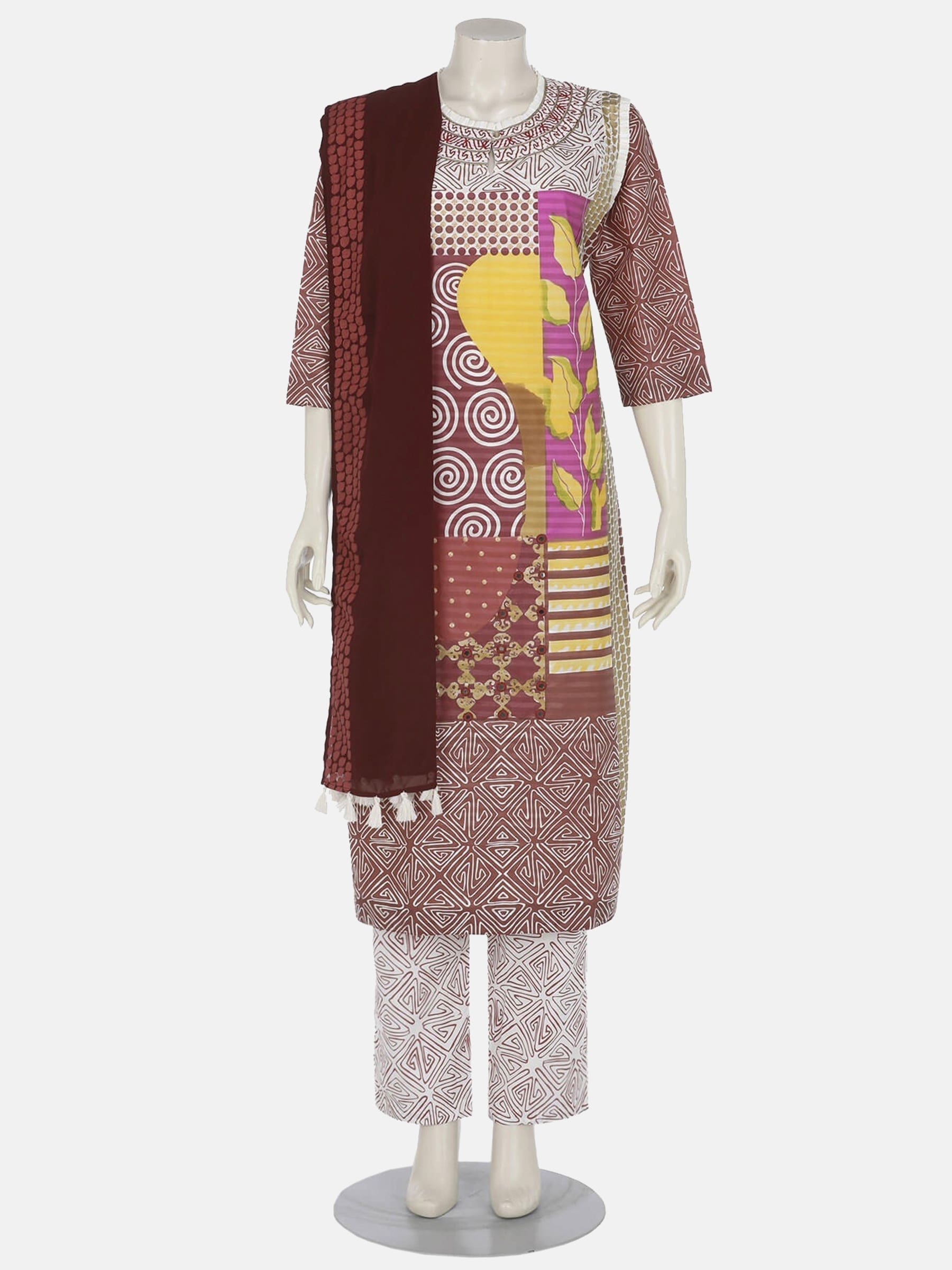 Multicolour Printed and Embroidered Silk-Cotton Shalwar Kameez Set