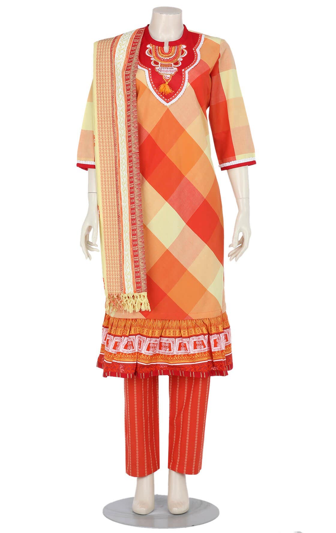 Orange Printed Check Hand Loomed Cotton Shalwar Kameez Set