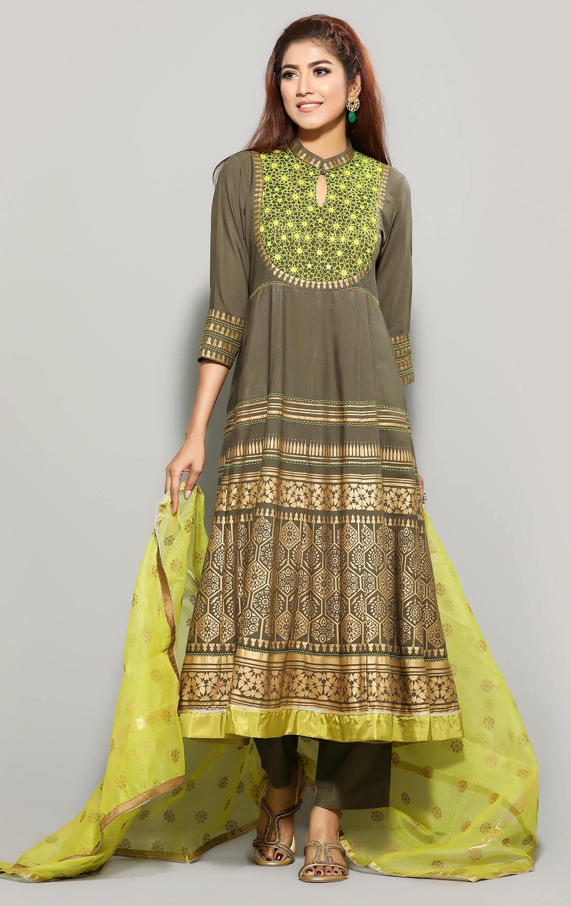 Olive Printed and Embroidered Linen Shalwar Kameez Set