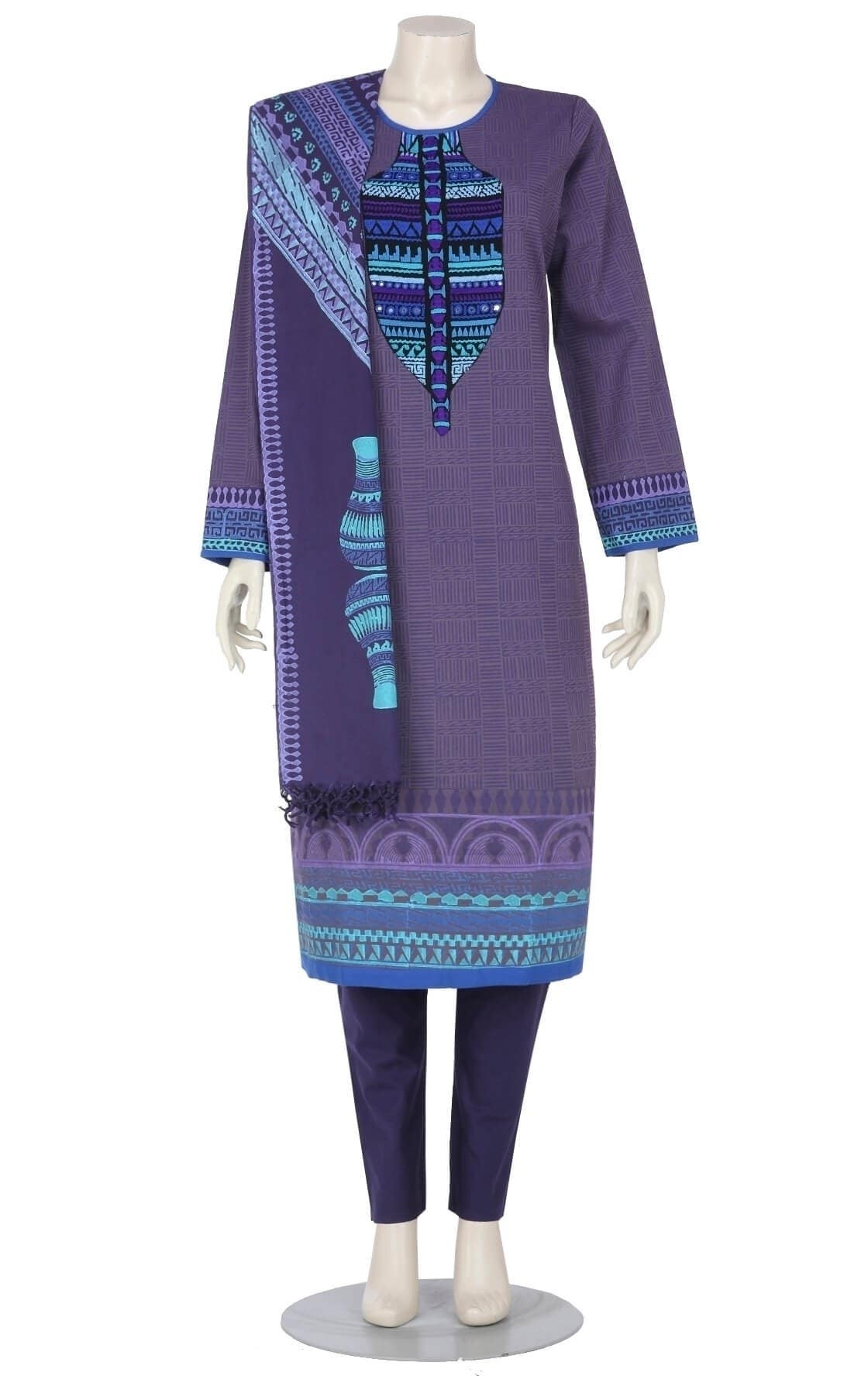 Light Purple Printed and Embroidered Viscose-Cotton Shalwar Kameez Set