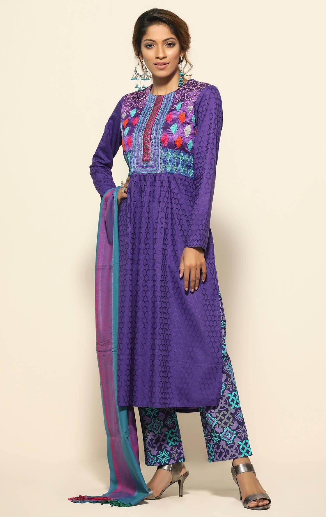 Purple Printed and Embroidered Viscose-Cotton Shalwar Kameez Set