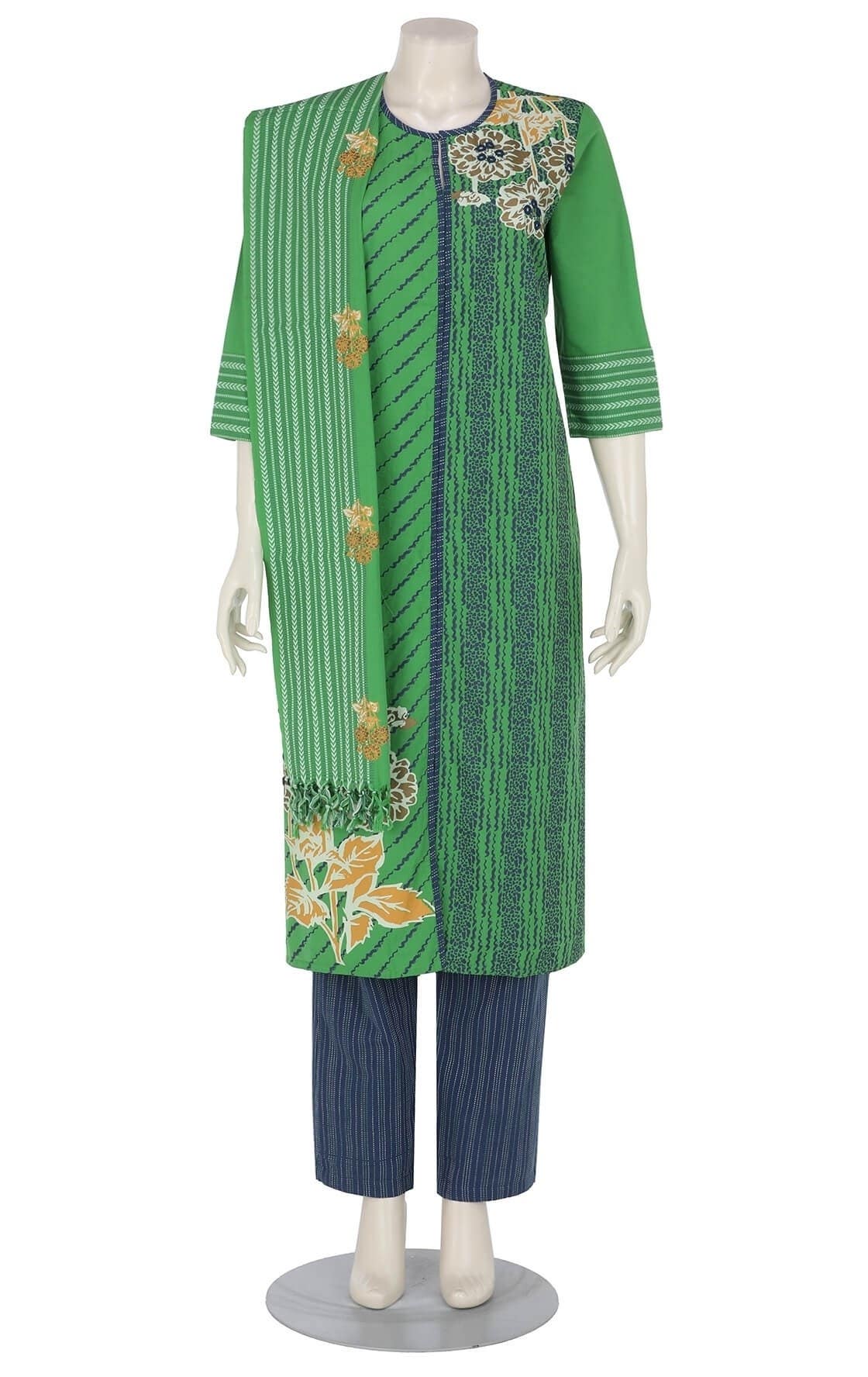 Green Printed Hand Loomed Cotton Shalwar Kameez Set