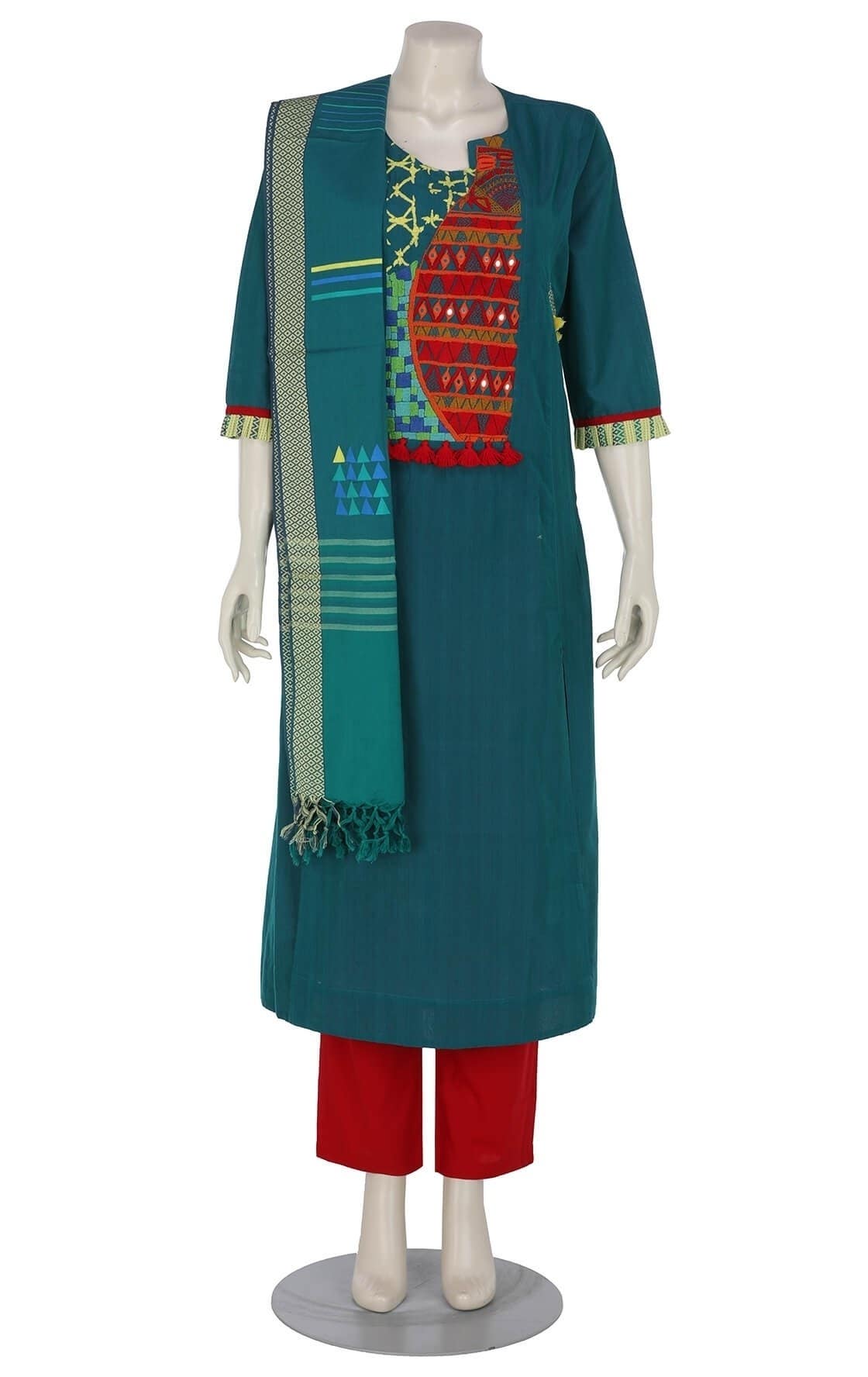 Deep Green Printed and Embroidered Hand Loomed Cotton Shalwar Kameez Set
