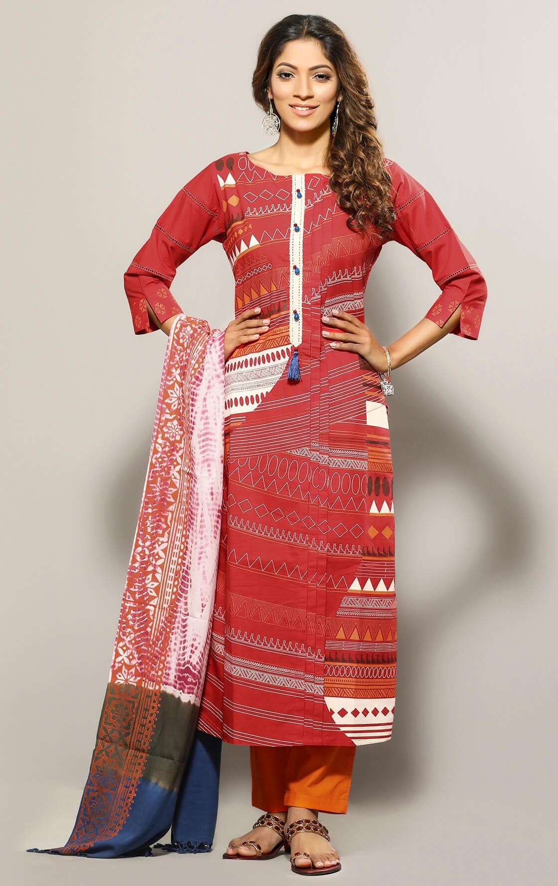 Red Tie-Dyed and Printed Cotton Shalwar Kameez Set