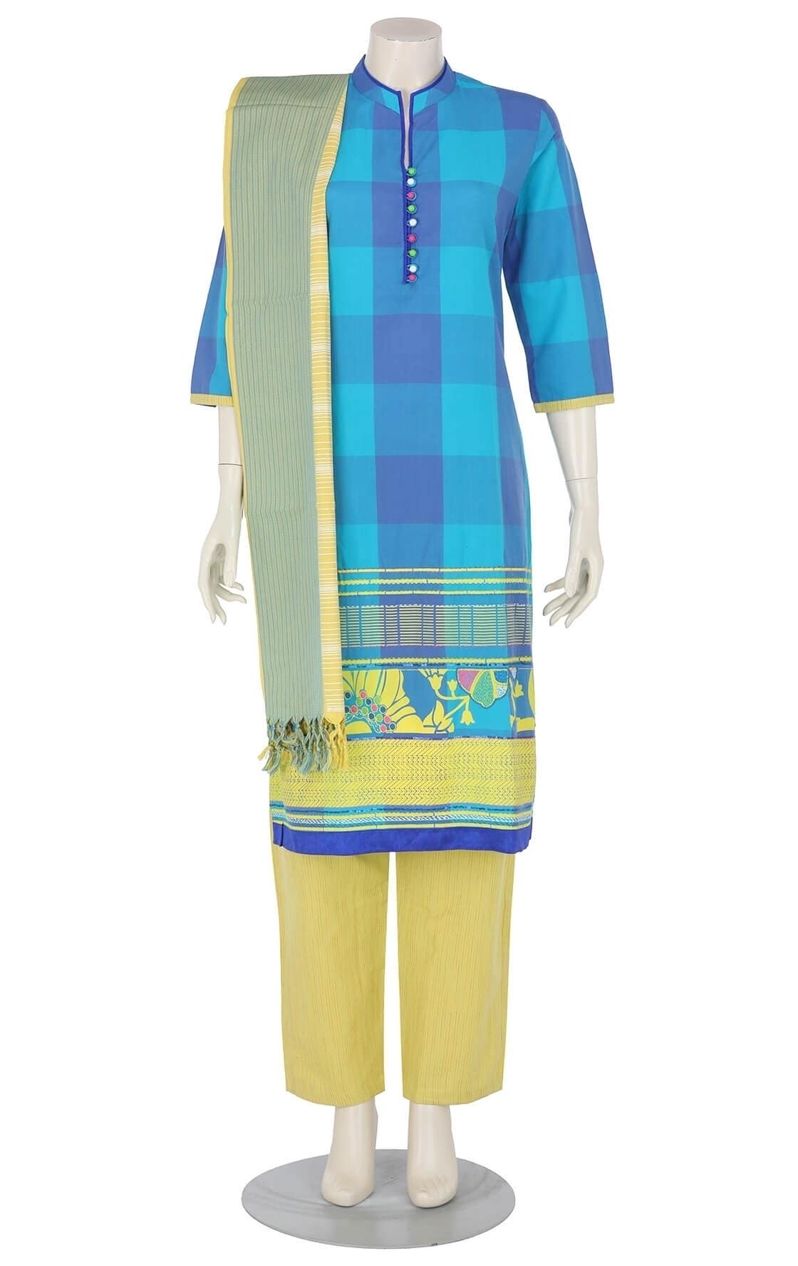 Blue Printed and Embroidered Hand Loomed Cotton Shalwar Kameez Set