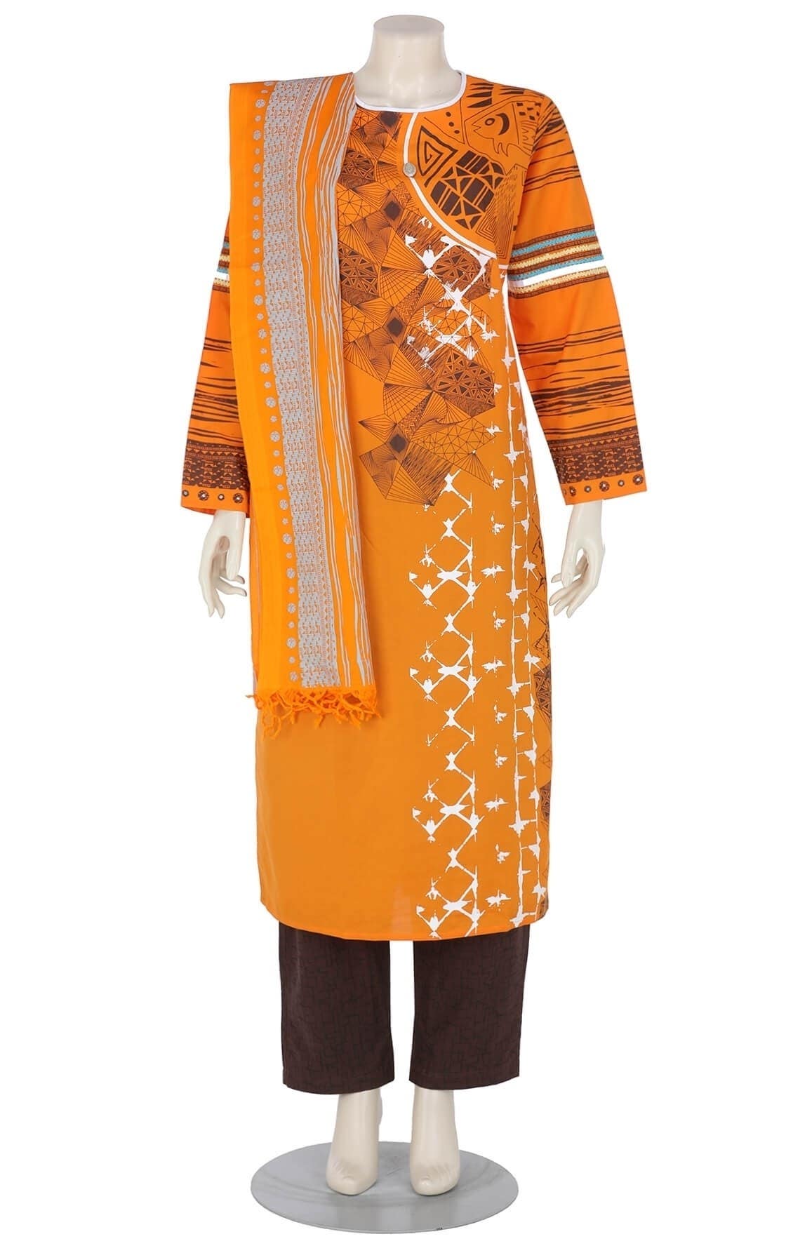 Orange Printed and Embroidered Viscose-Cotton Shalwar Kameez Set