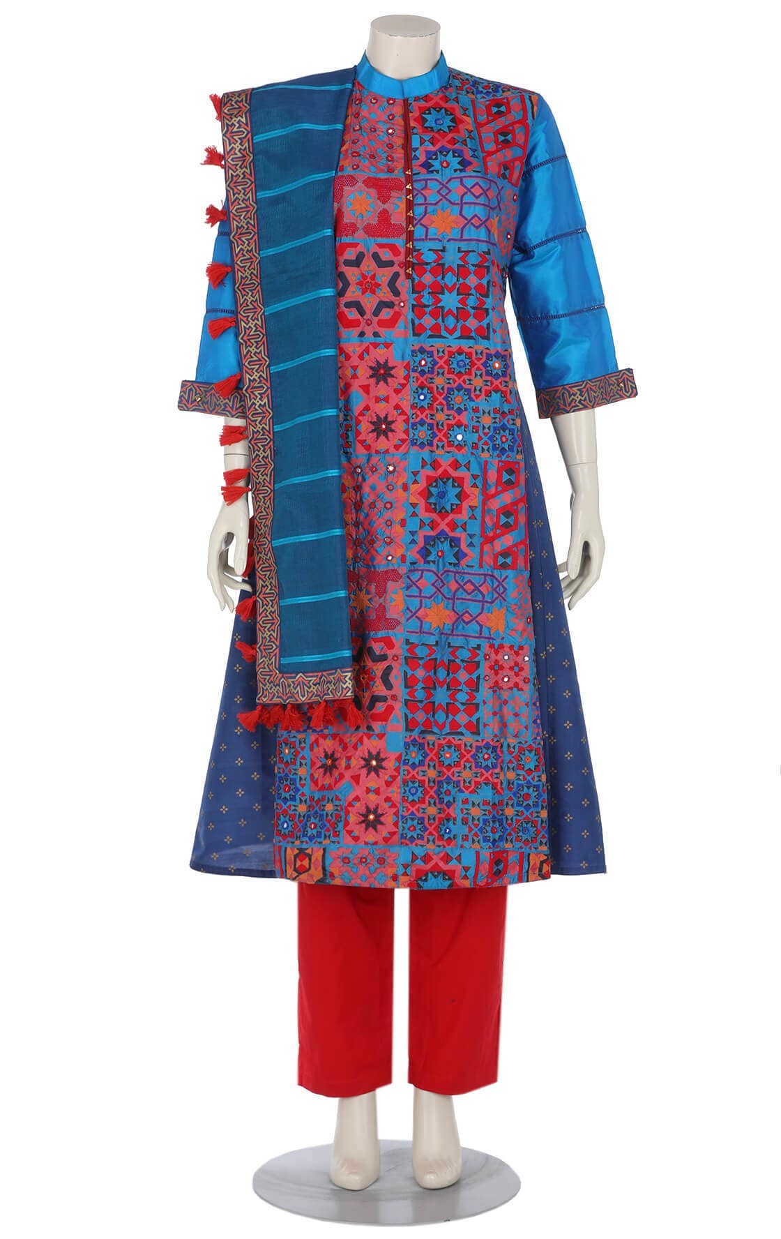 Sky Blue Printed and Erri Embroidered Silk Shalwar Kameez Set