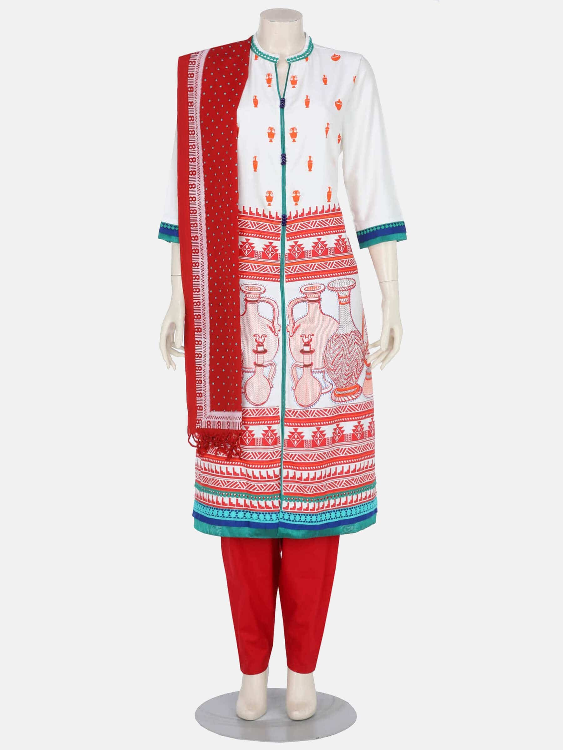 White Printed Viscose-Cotton Shalwar Kameez Set