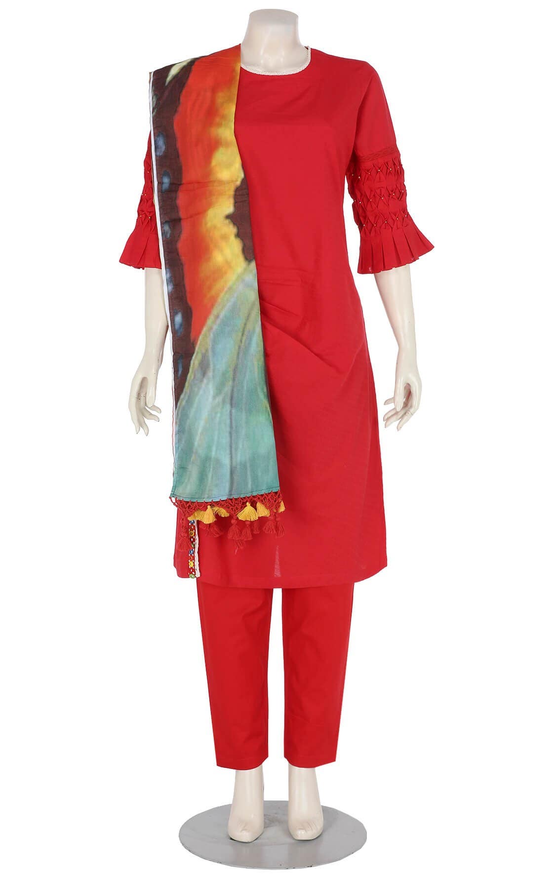 Red Printed and Embroidered Viscose-Cotton Shalwar Kameez Set