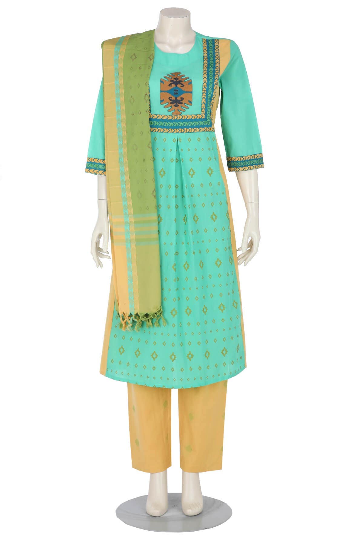 Turquoise Printed and Embroidered Hand Loomed Cotton Shalwar Kameez Set