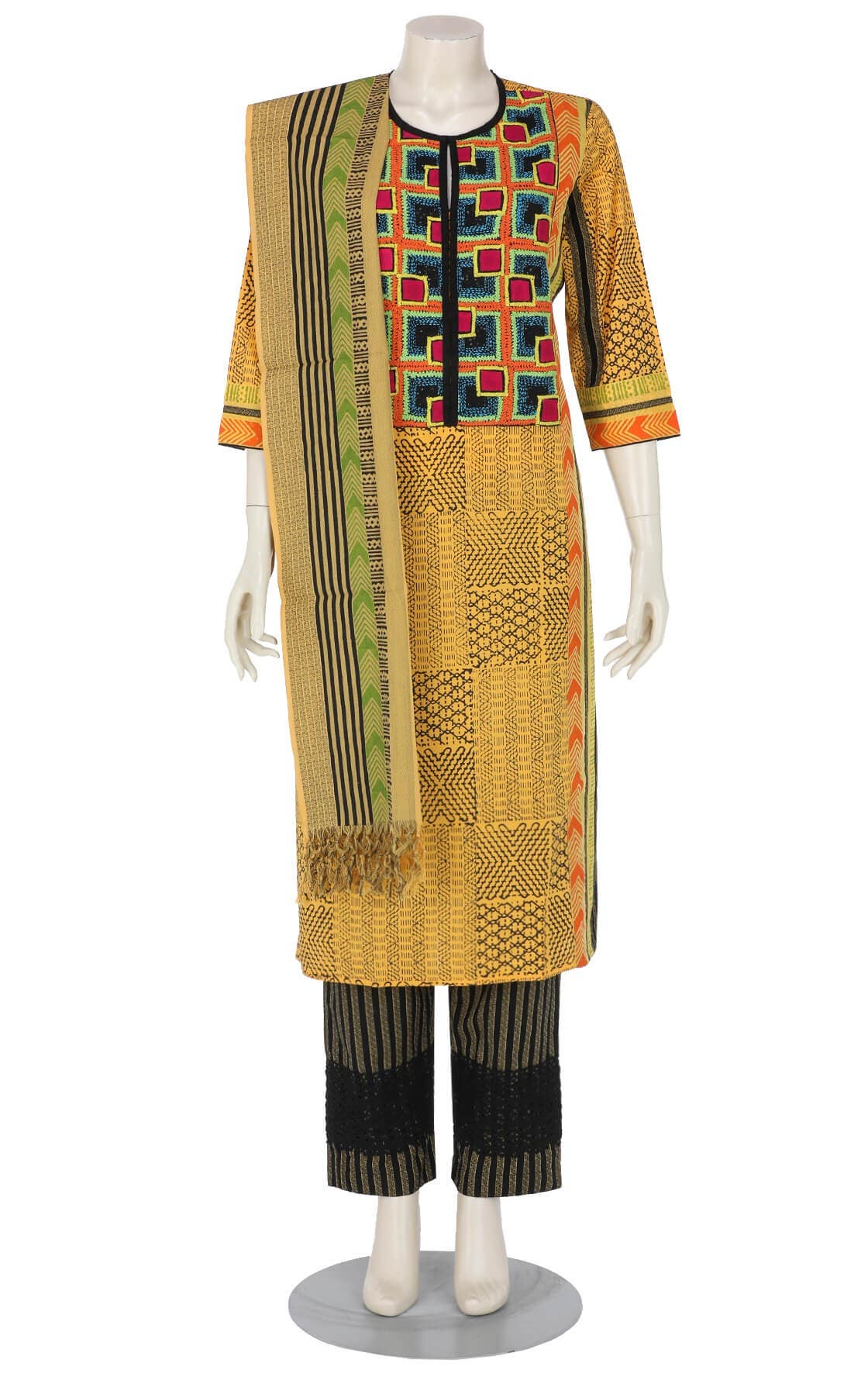 Yellow Printed and Embroidered Hand Loomed Viscose Shalwar Kameez Set