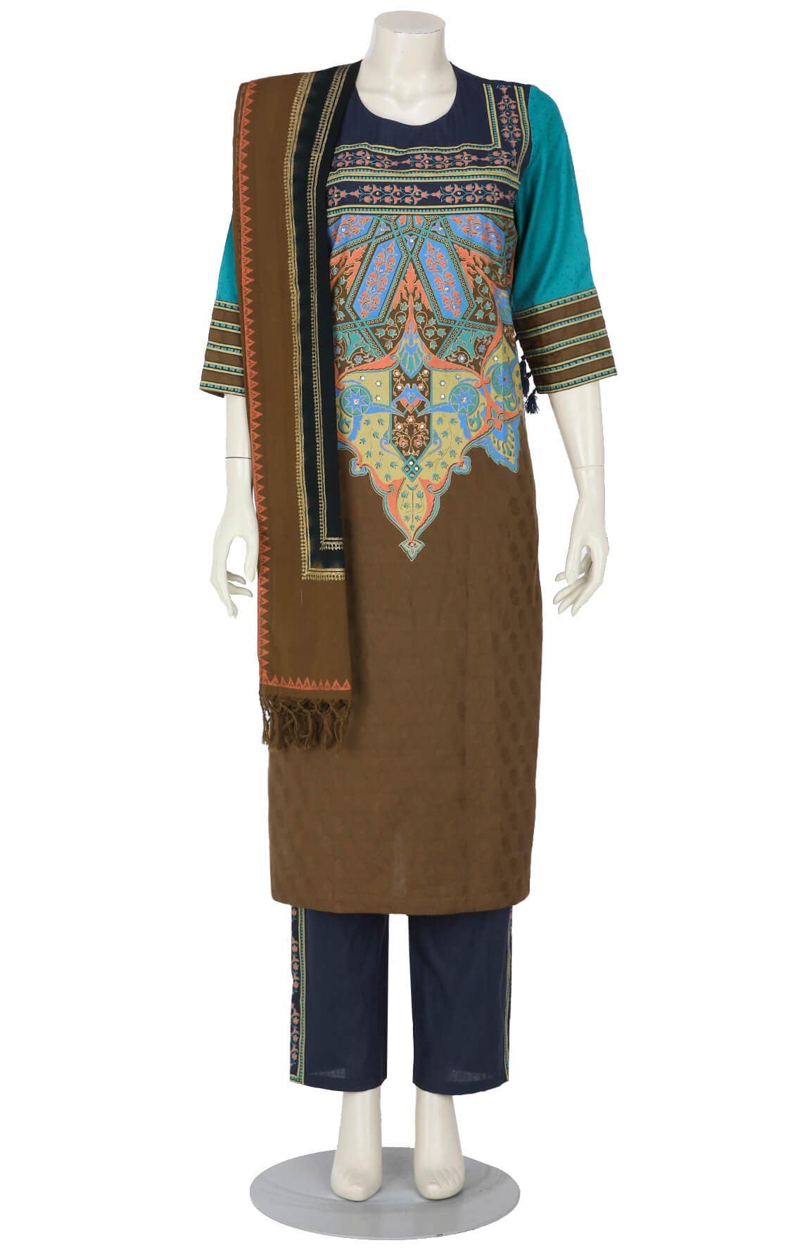 Brown Tie-Dyed and Printed Viscose-Cotton Shalwar Kameez Set