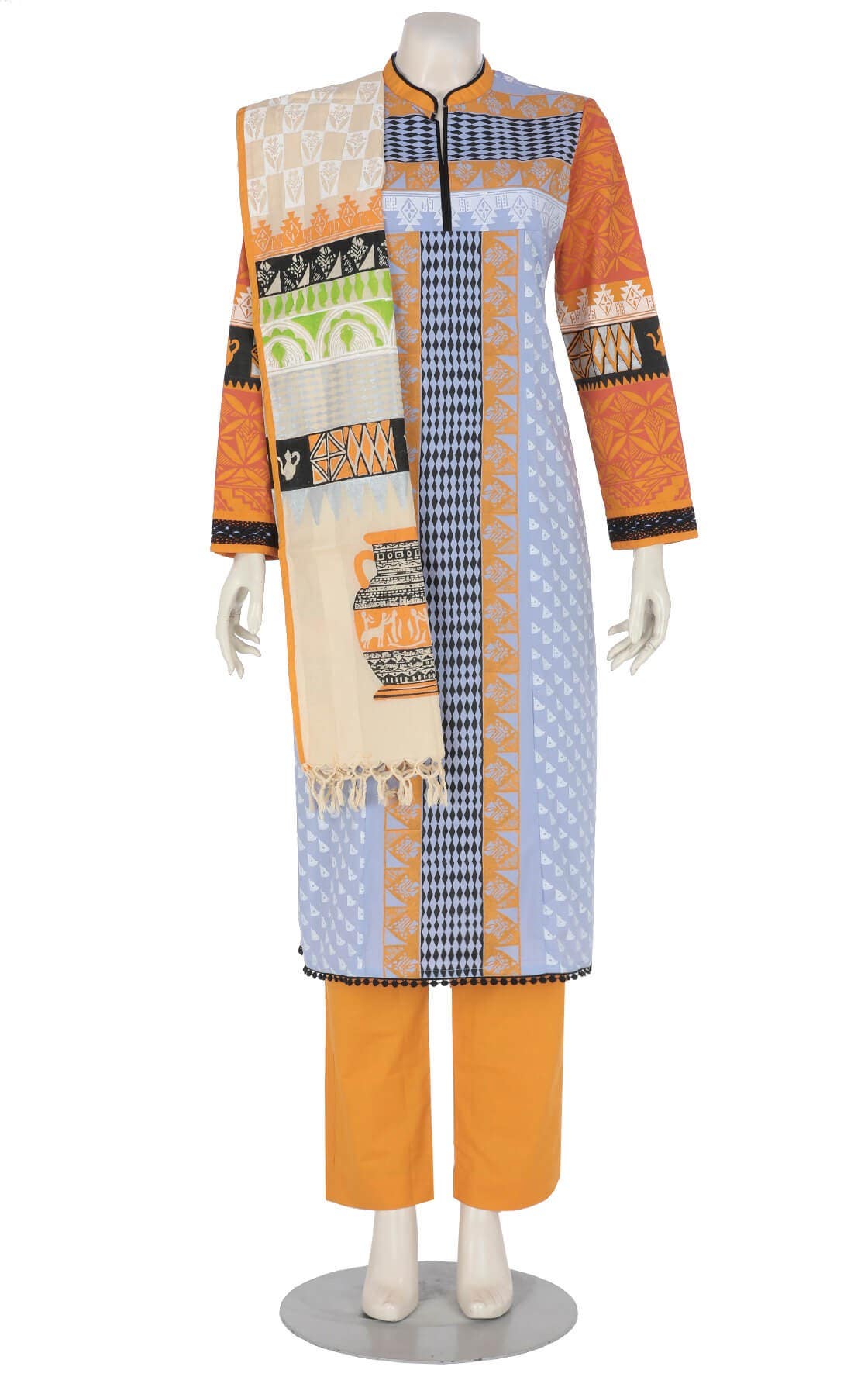 Pastel Blue Printed Viscose-Cotton Shalwar Kameez Set