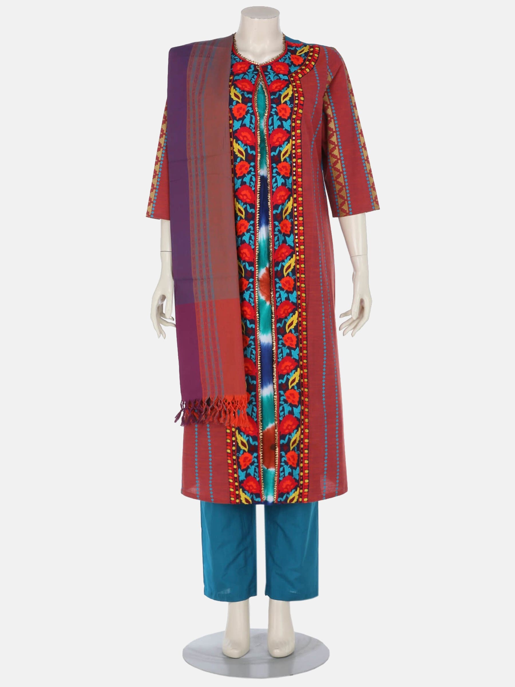 Brick Red Tie-Dyed and Embroidered Shalwar Kameez Set