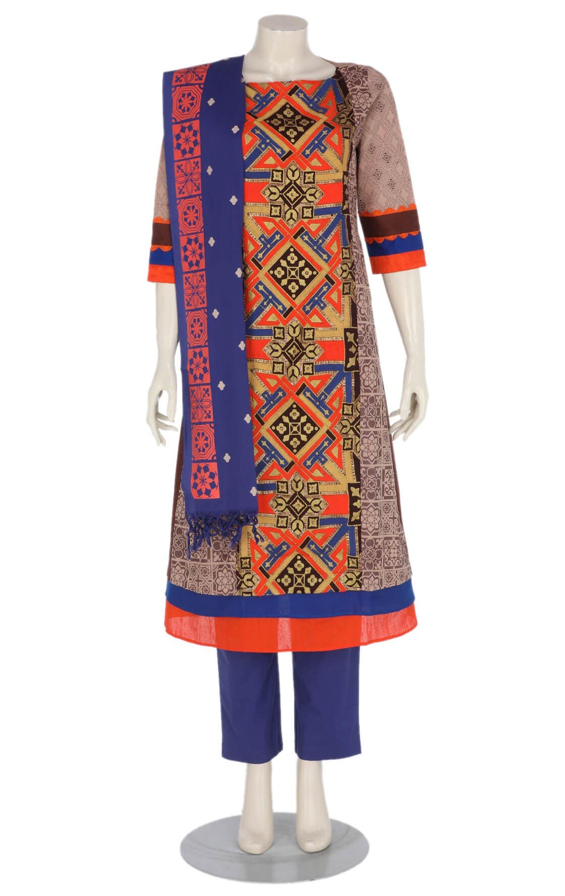 Beige Printed and Embroidered Viscose-Cotton Shalwar Kameez Set