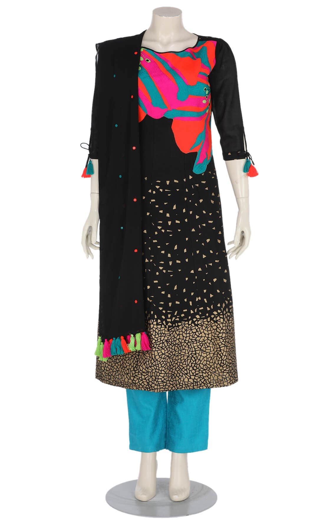 Black Printed and Embroidered Cotton Shalwar Kameez Set