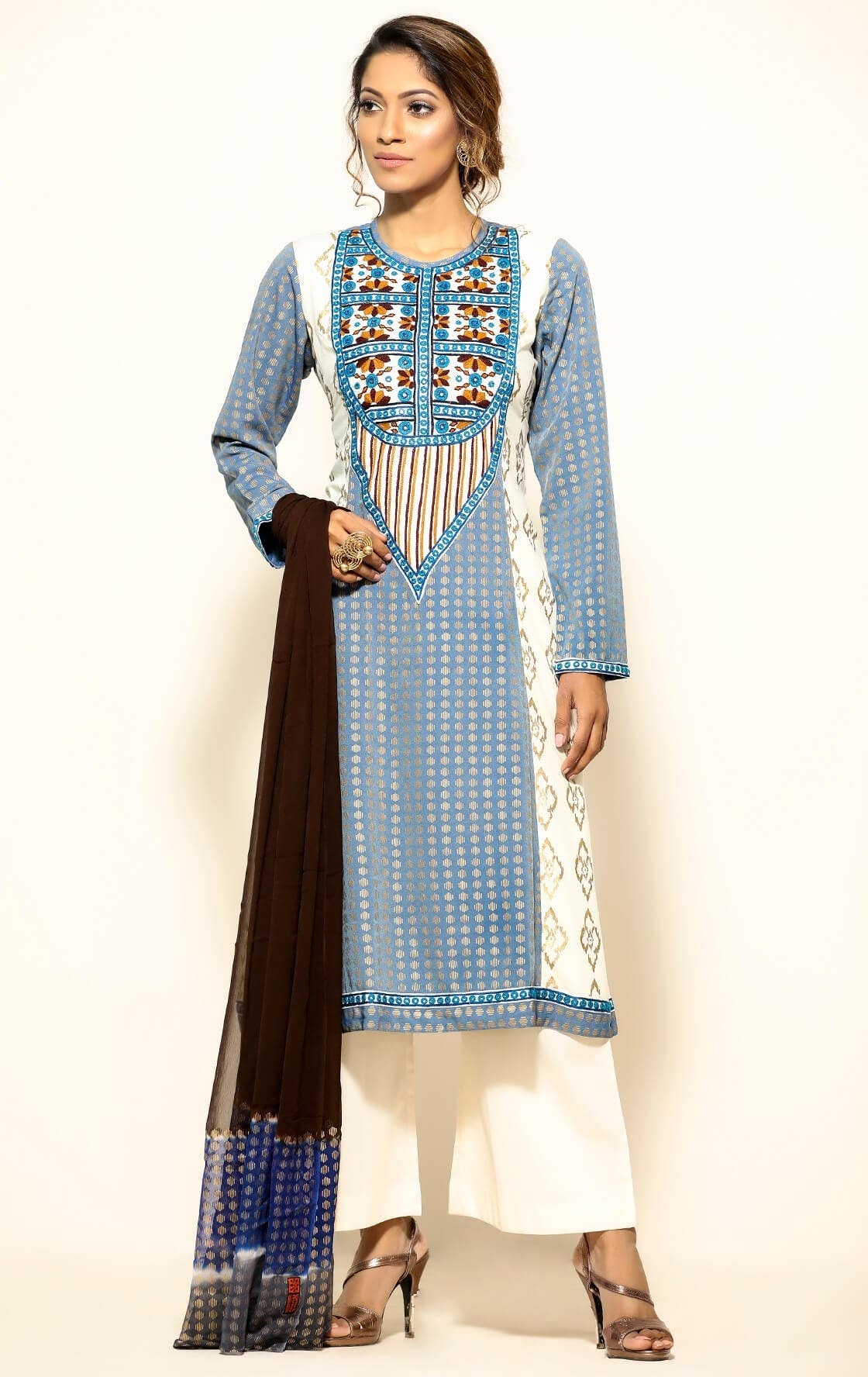 Stone Blue Printed and Embroidered Cashmilon Shalwar Kameez Set