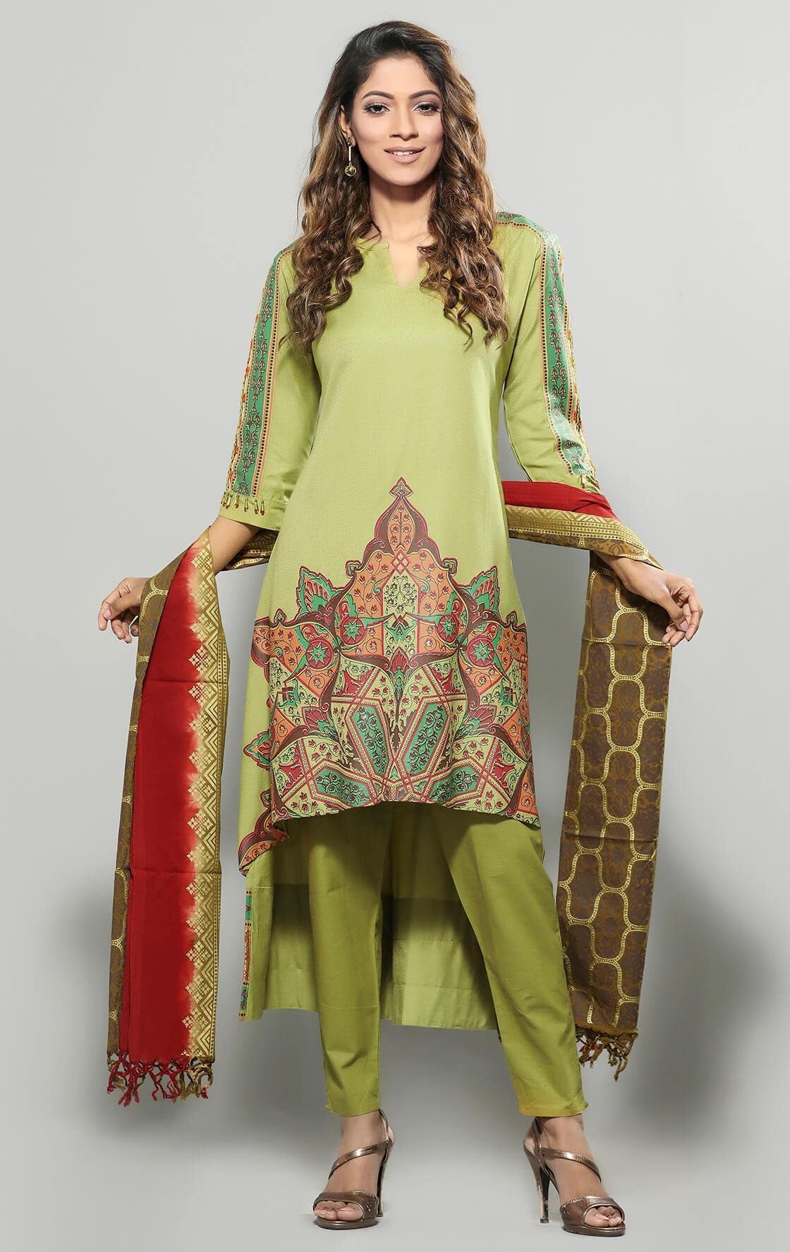Light Olive Printed and Embroidered Viscose Shalwar Kameez Set
