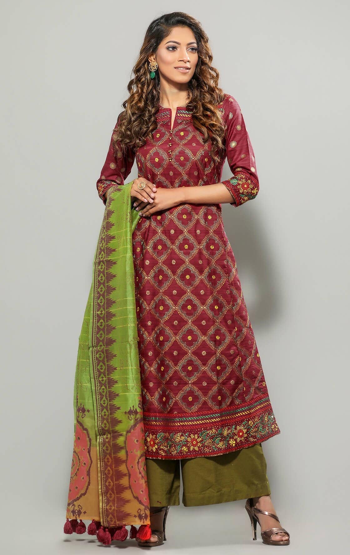 Dark Red Printed and Embroidered Endi Silk Shalwar Kameez Set
