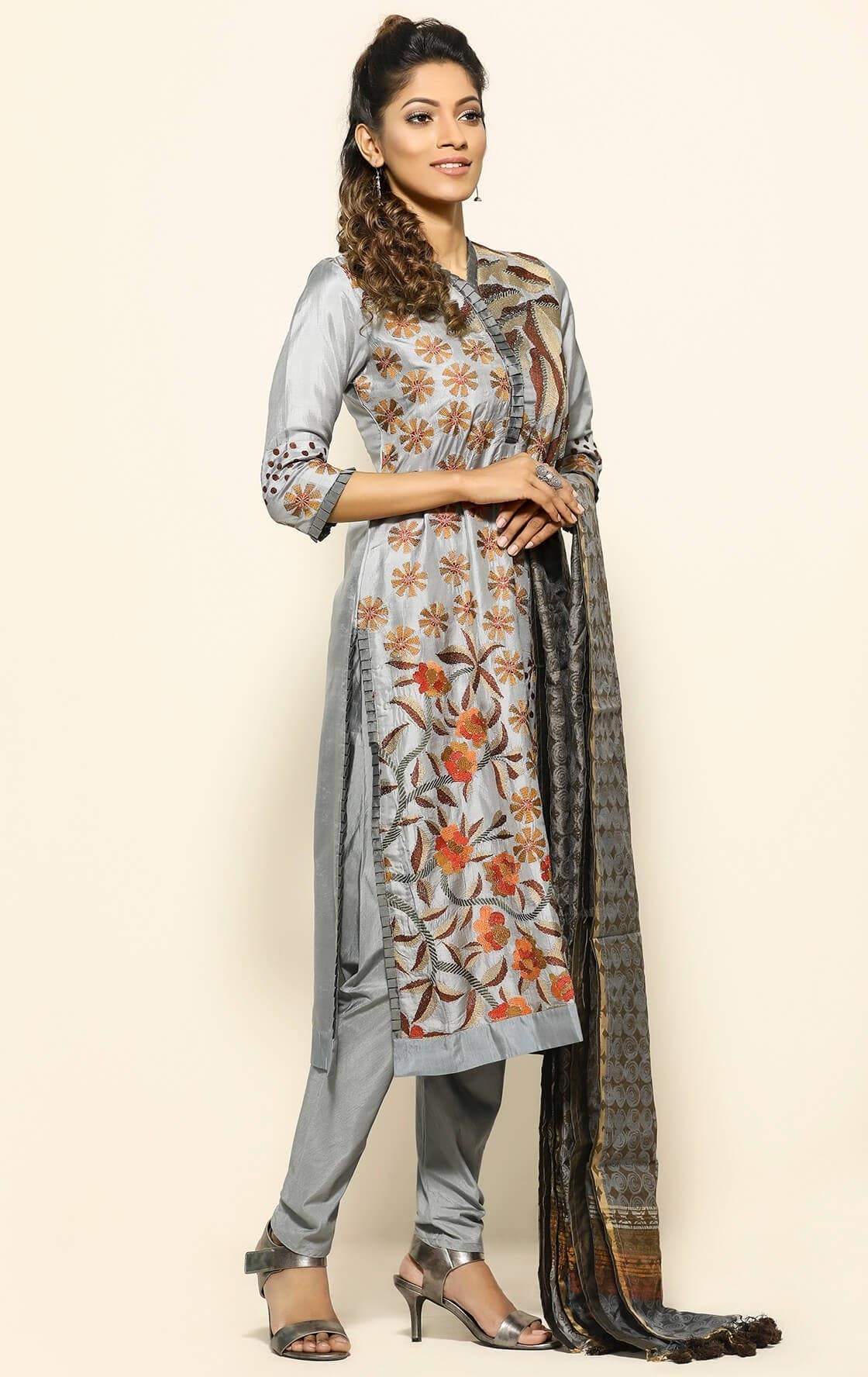Grey Printed and Embroidered Silk Shalwar Kameez Set