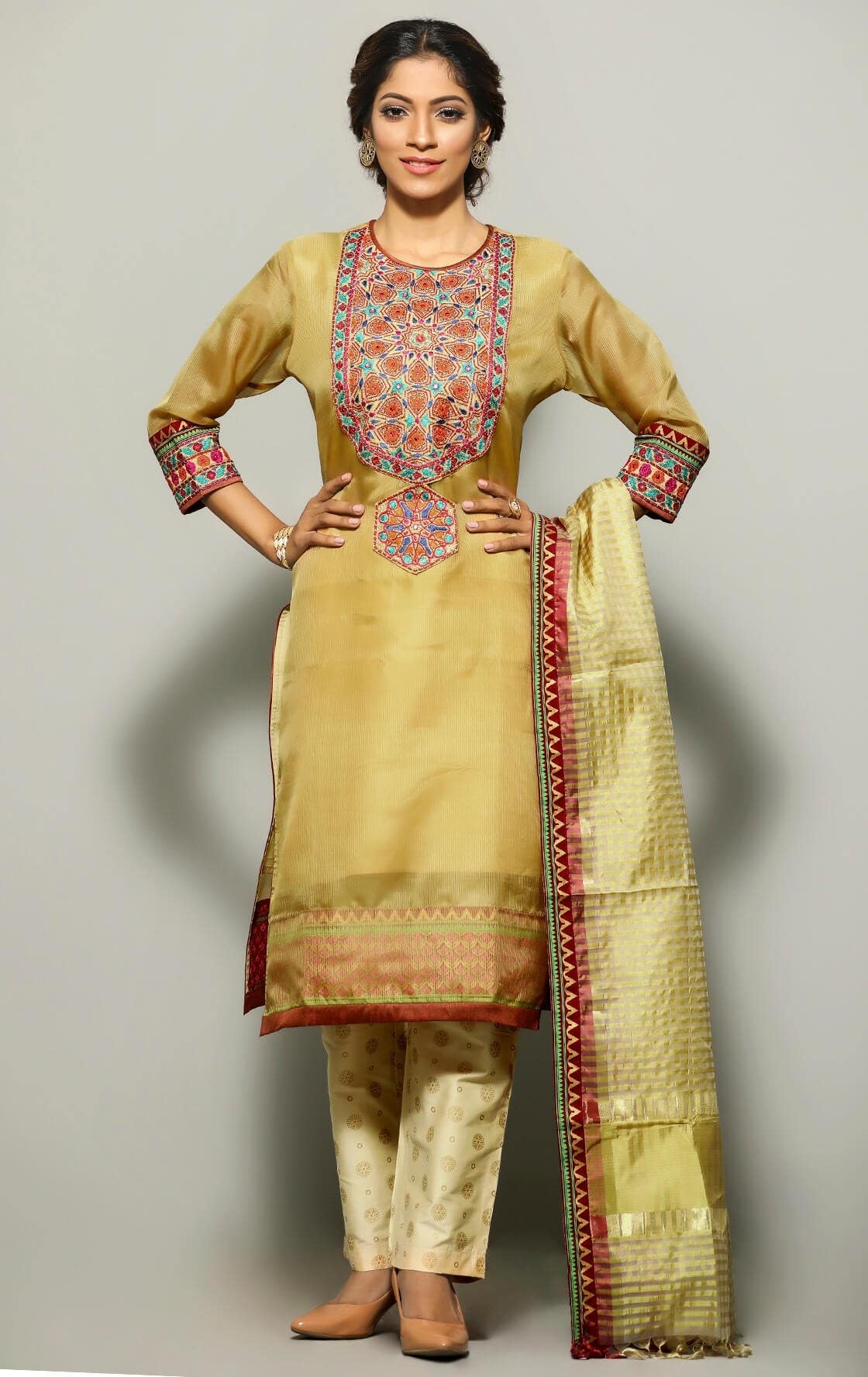 Brown Printed and Erri Embroidered Muslin Shalwar Kameez Set
