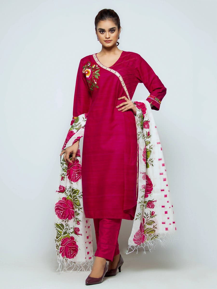 Deep Fuchsia Printed and Embroidered Endi Silk Shalwar Kameez Set