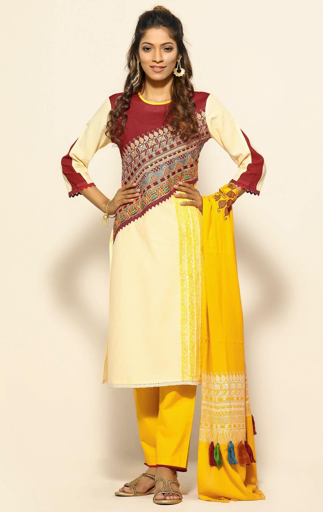 Pastel Orange Printed and Embroidered Viscose-Cotton Shalwar Kameez Set