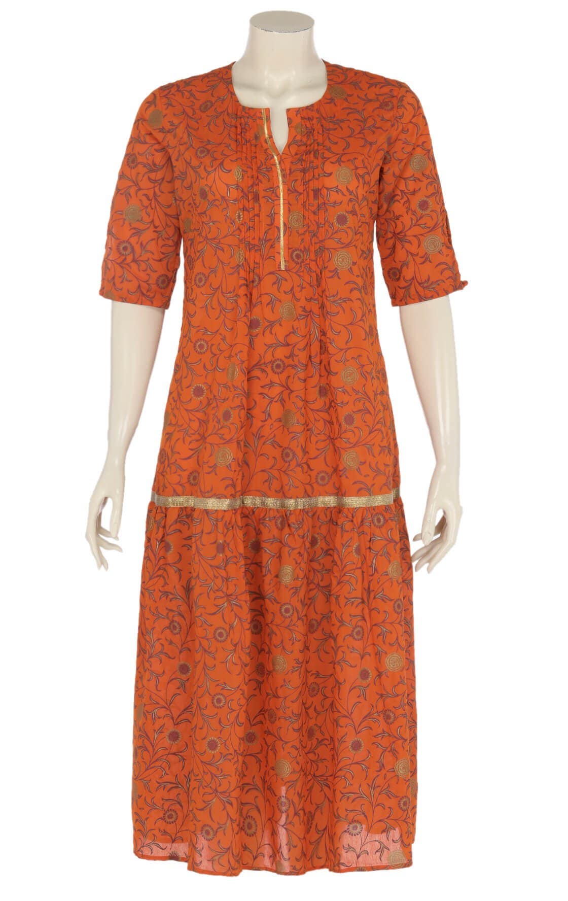 Orange Printed Cotton Blend Kurta